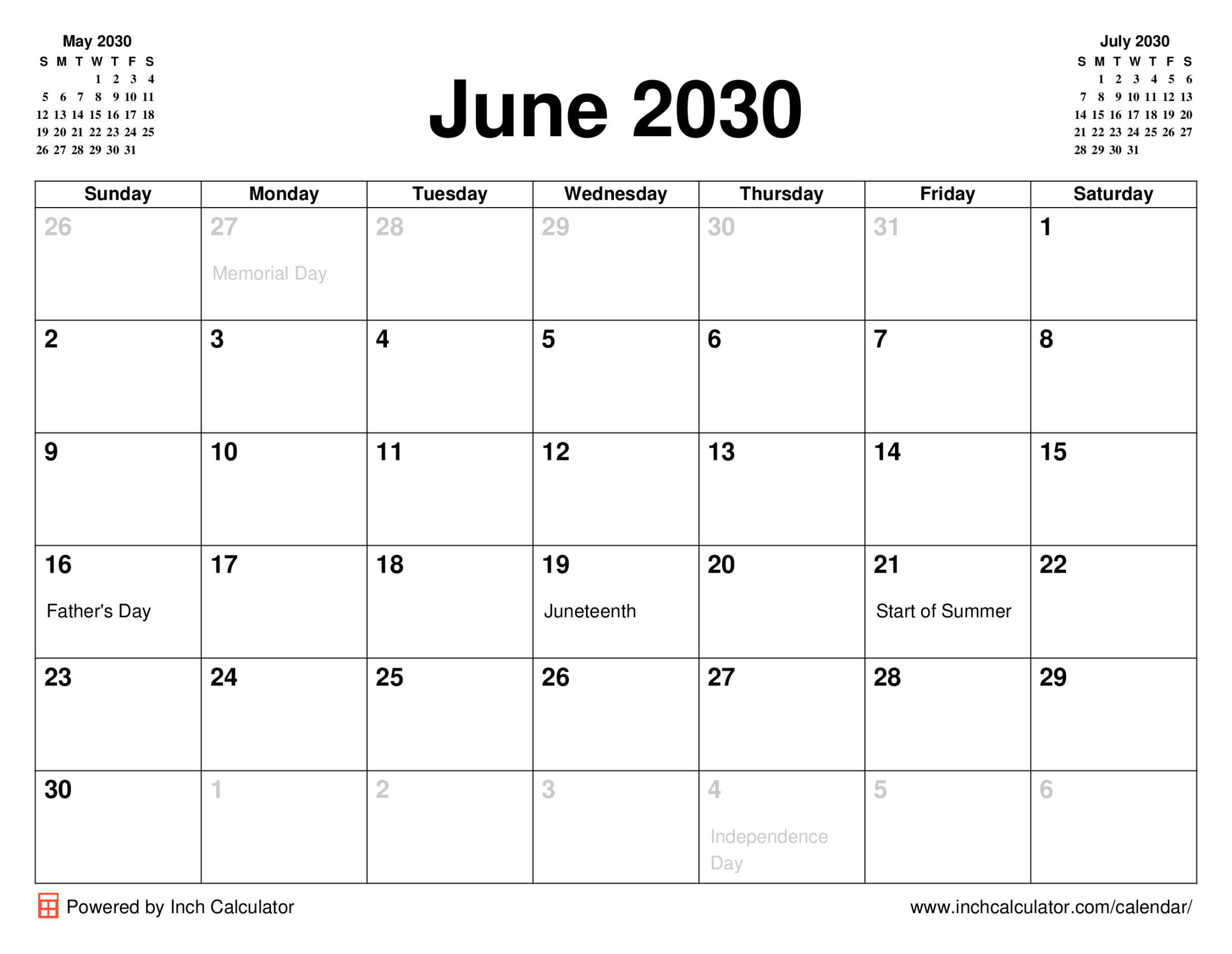 June 2030 calendar with holidays