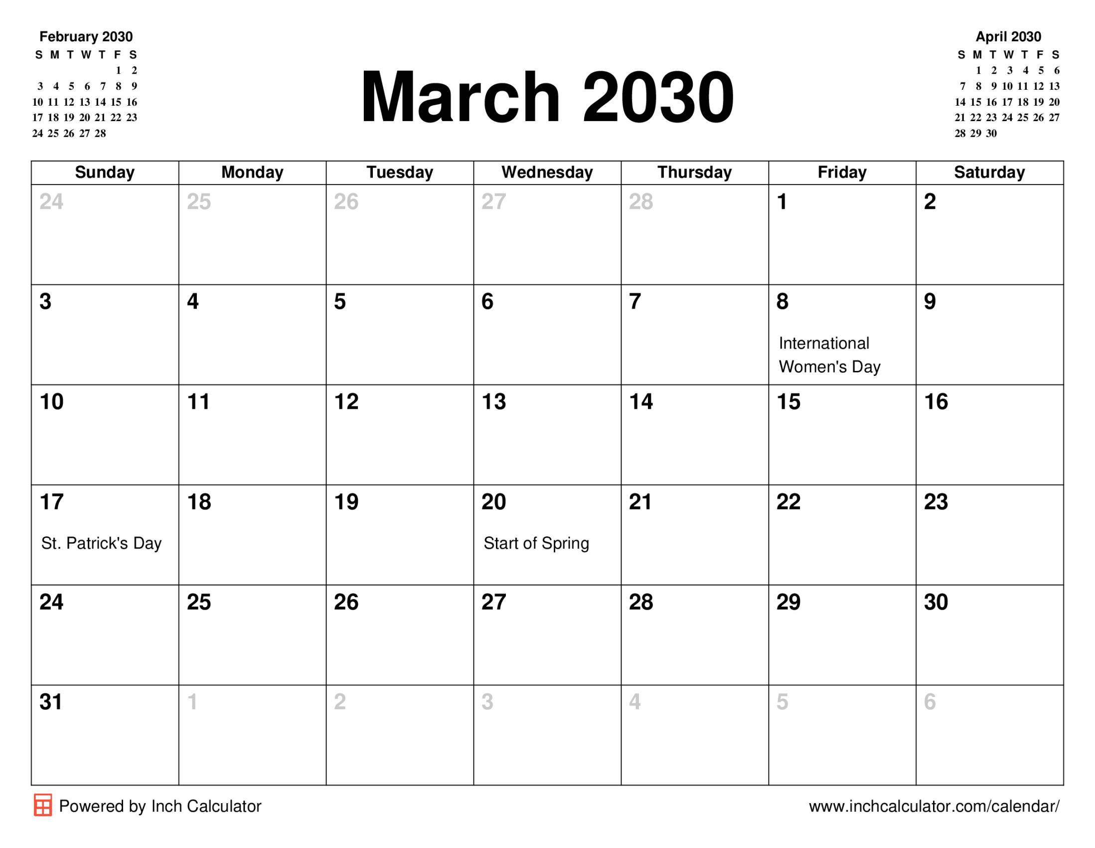 March 2030 calendar with holidays