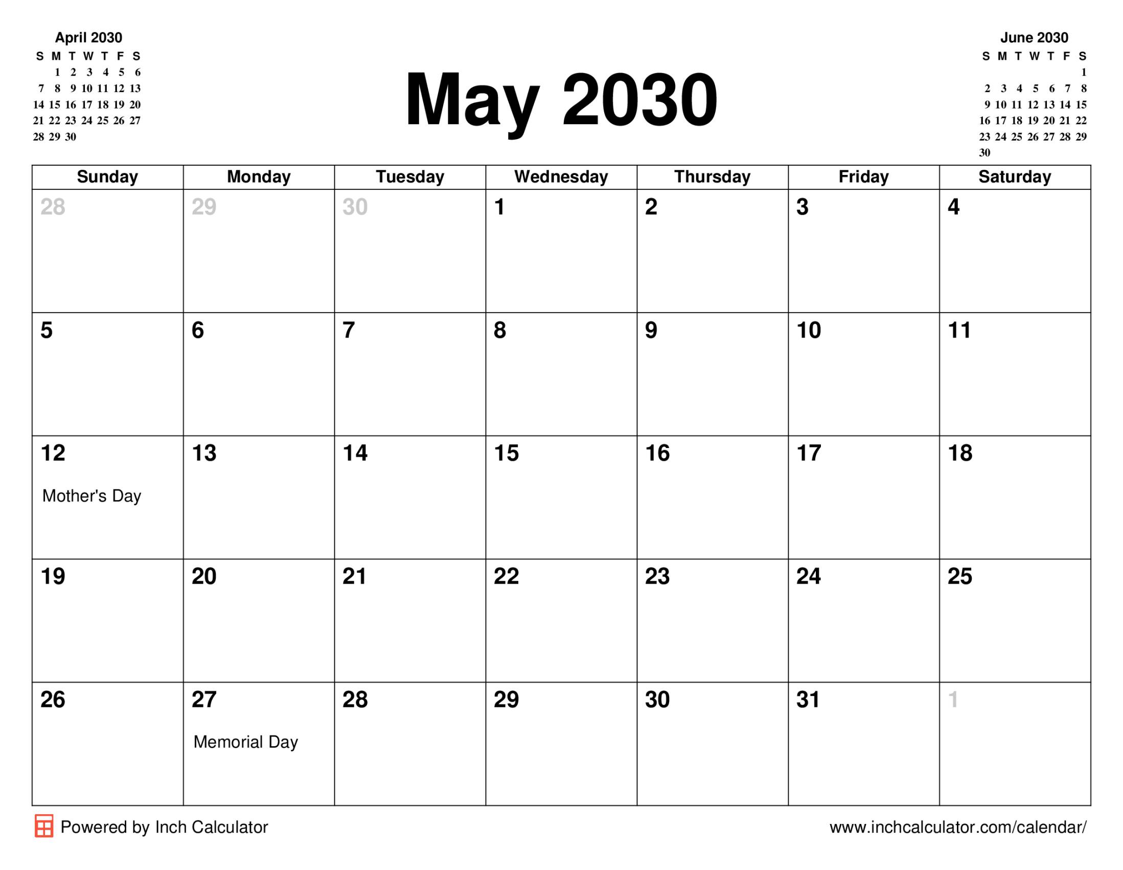 May 2030 calendar with holidays