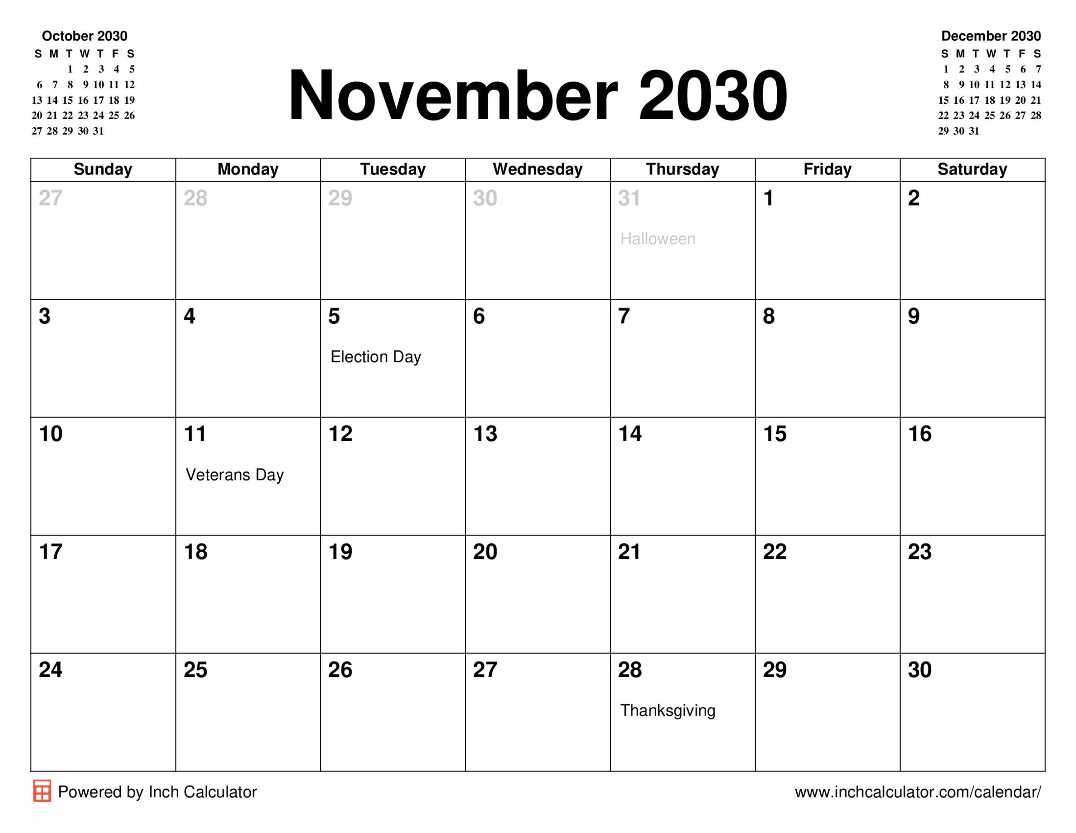 November 2030 calendar with holidays