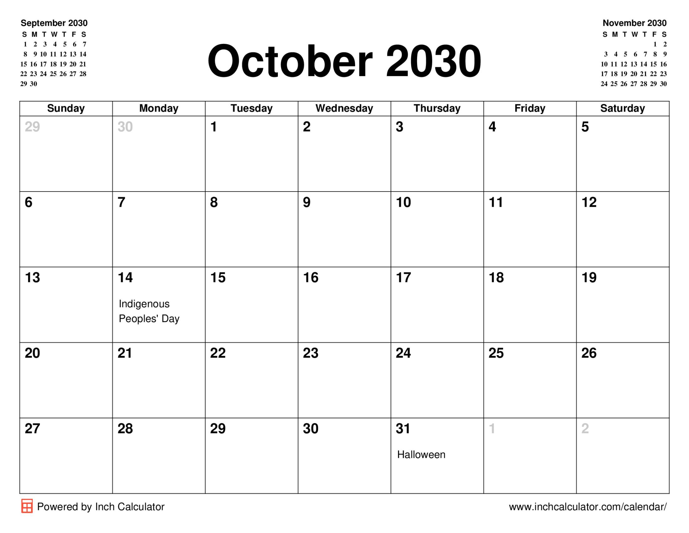 October 2030 calendar with holidays