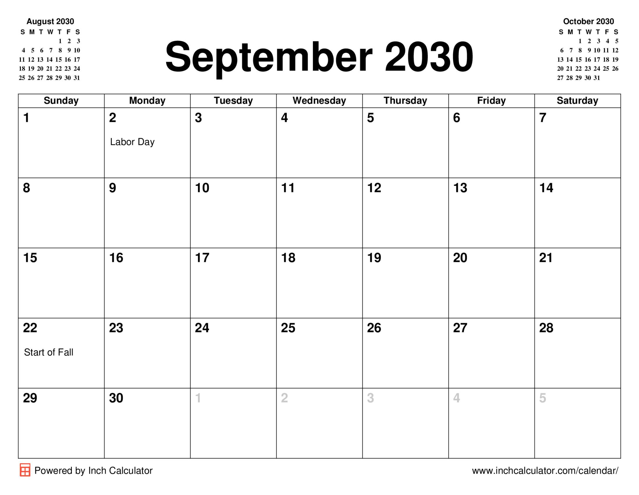 September 2030 calendar with holidays