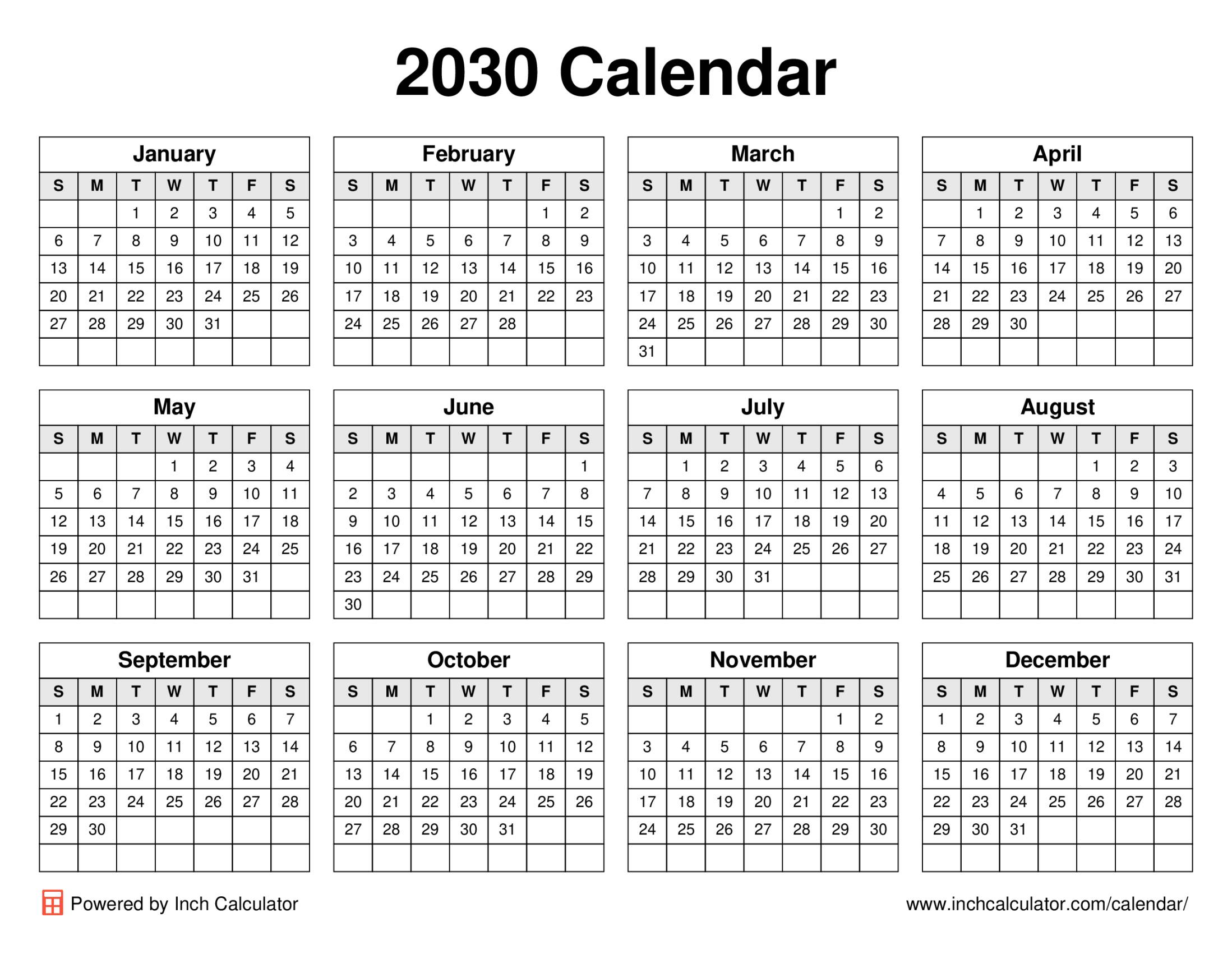 2030 calendar (landscape)