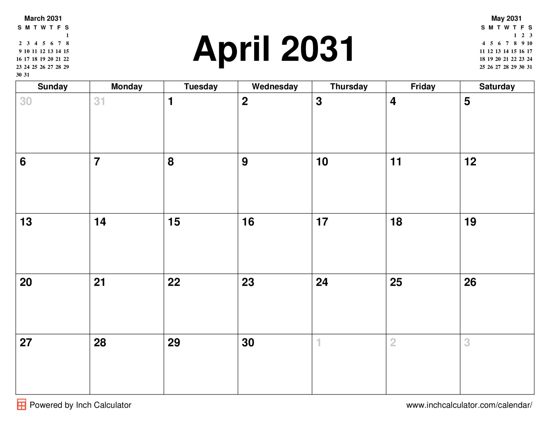April 2031 calendar without holidays