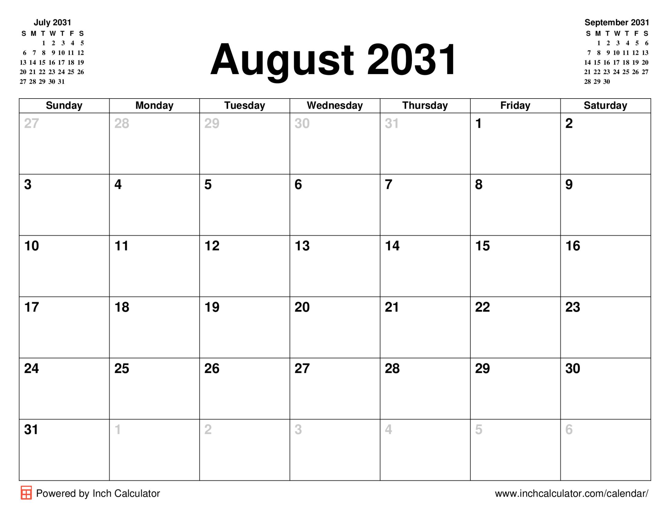 August 2031 calendar without holidays