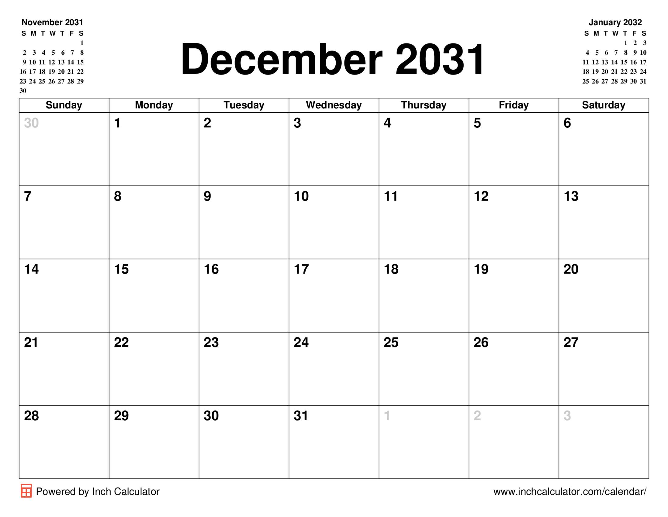 December 2031 calendar without holidays