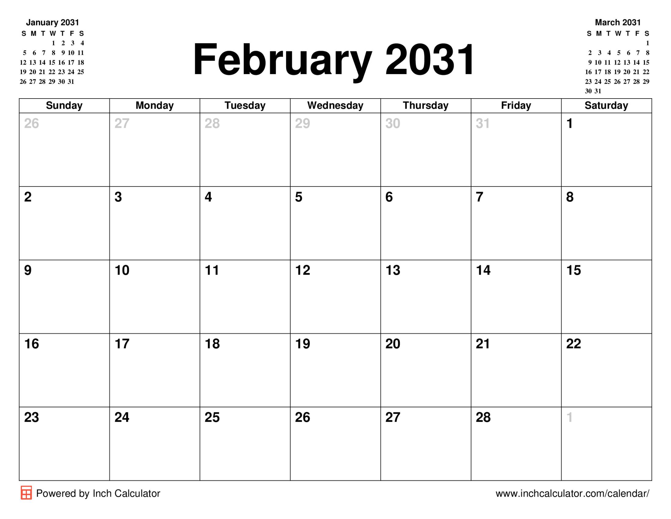 February 2031 calendar without holidays