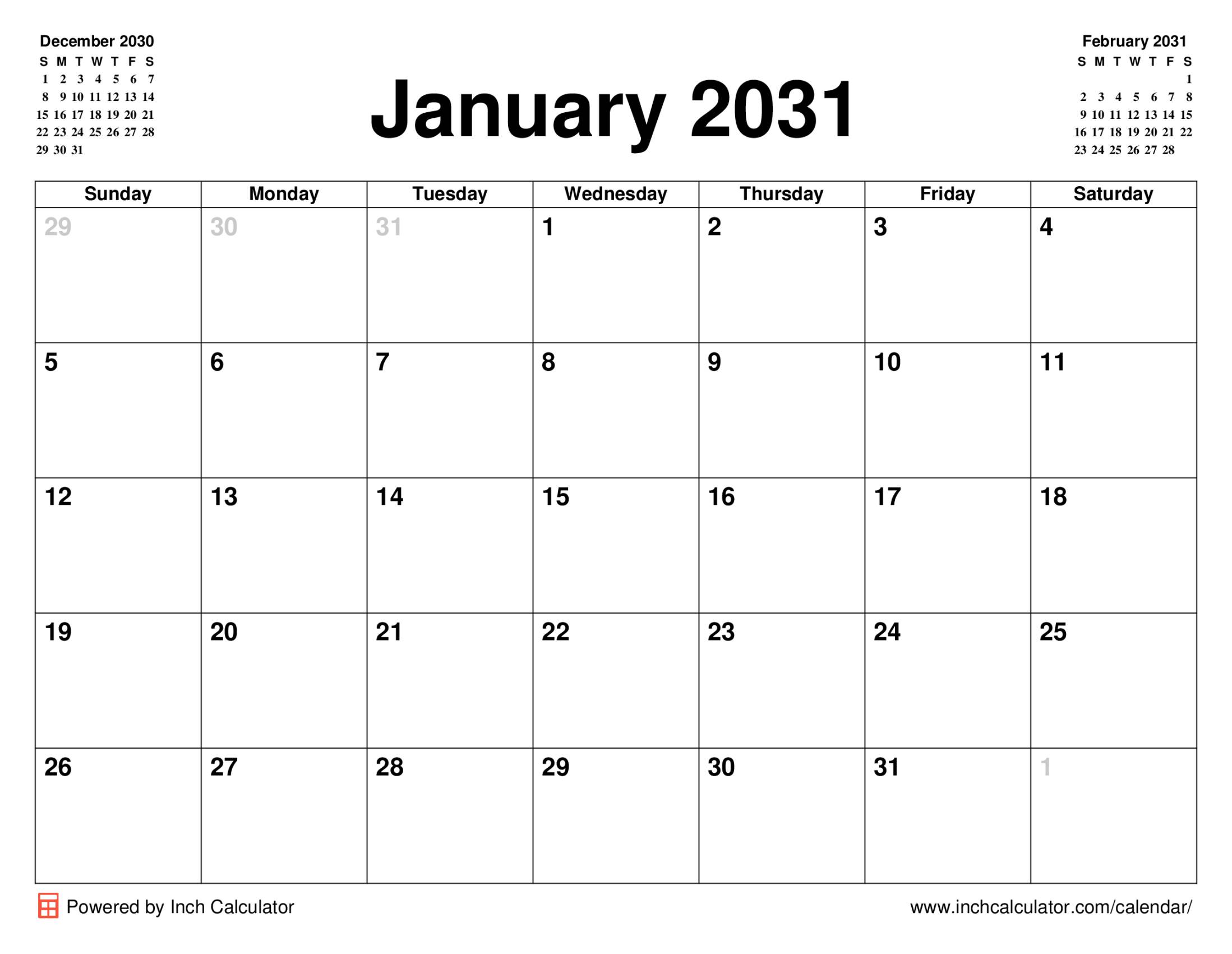 January 2031 calendar without holidays