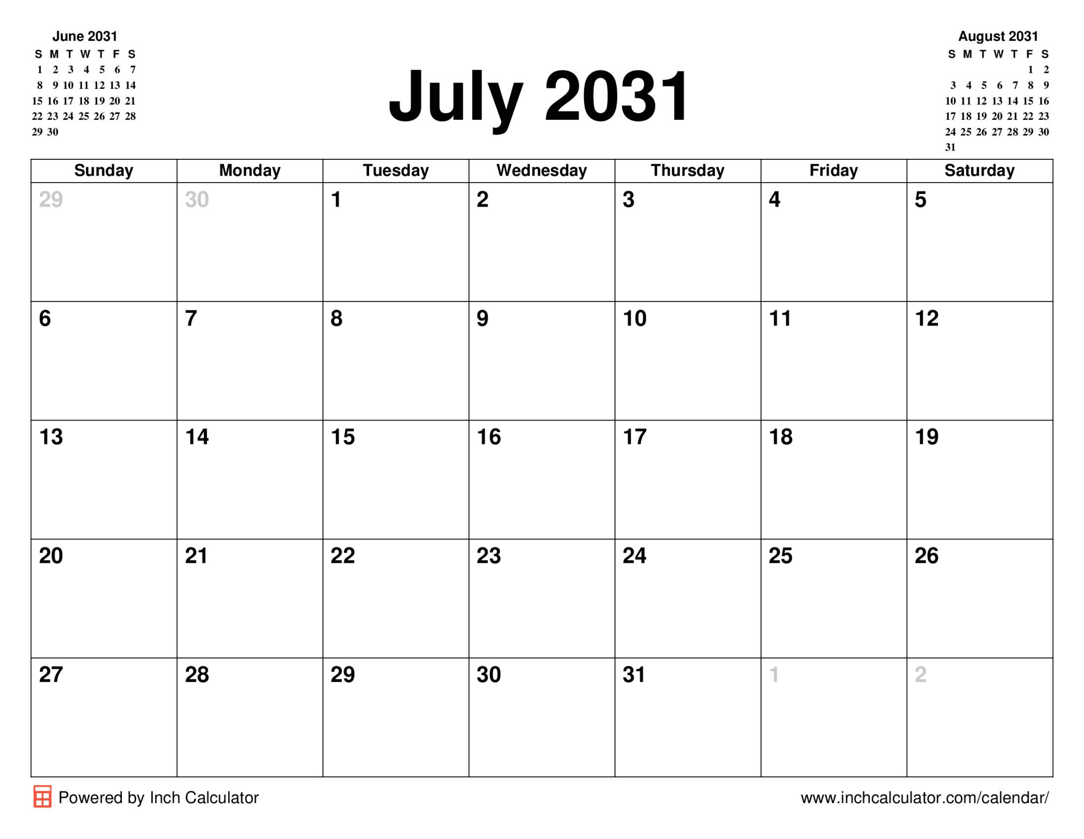 July 2031 calendar without holidays