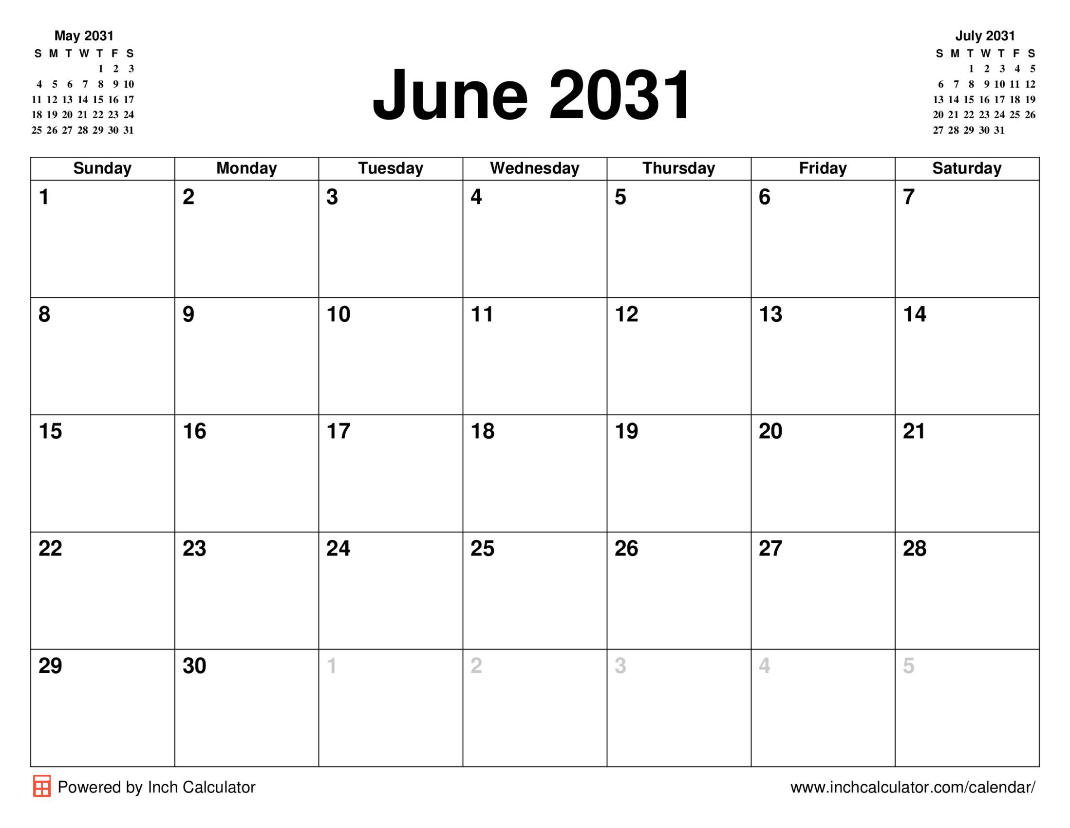 June 2031 calendar without holidays
