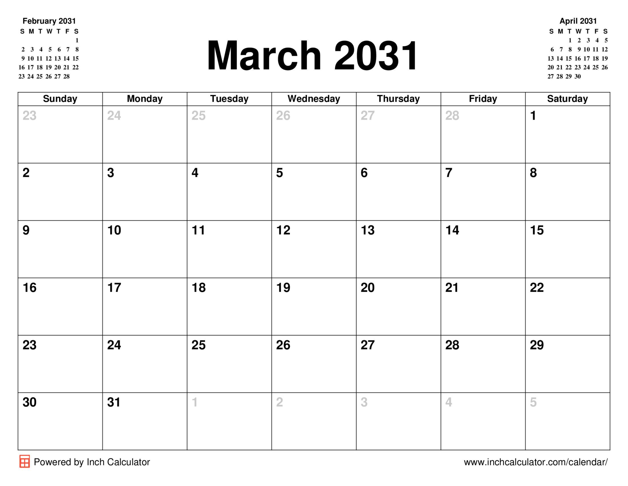 March 2031 calendar without holidays