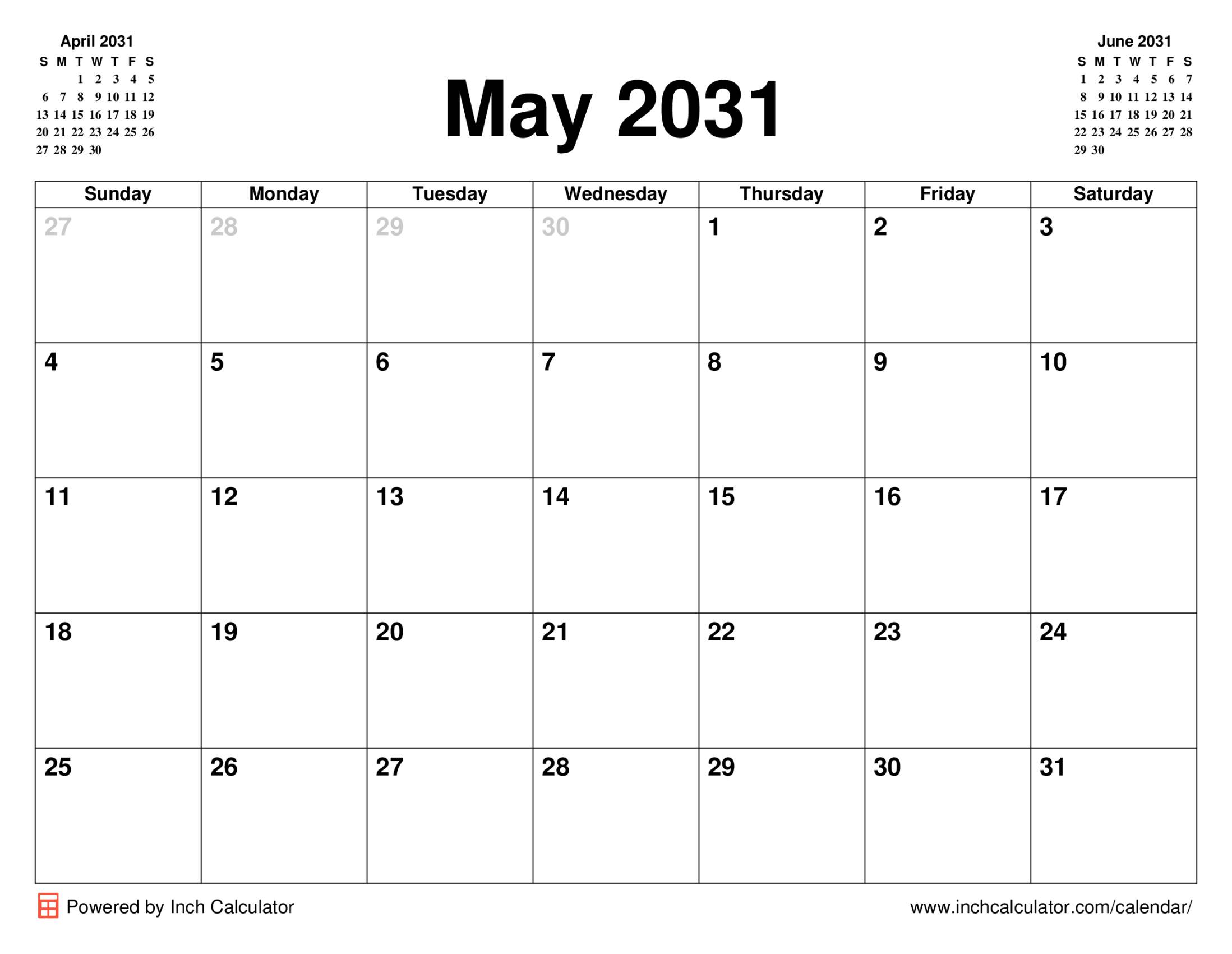 May 2031 calendar without holidays