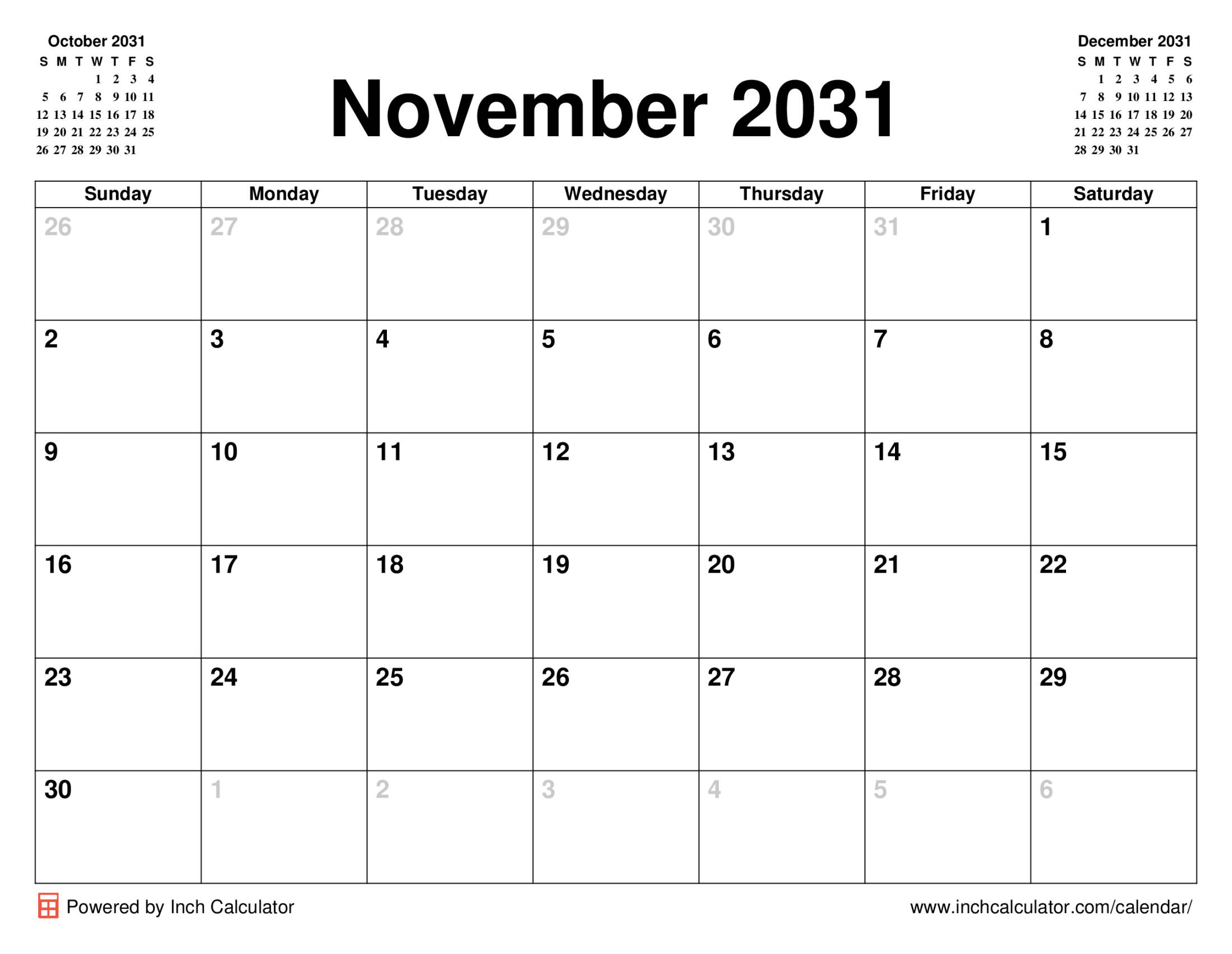 November 2031 calendar without holidays