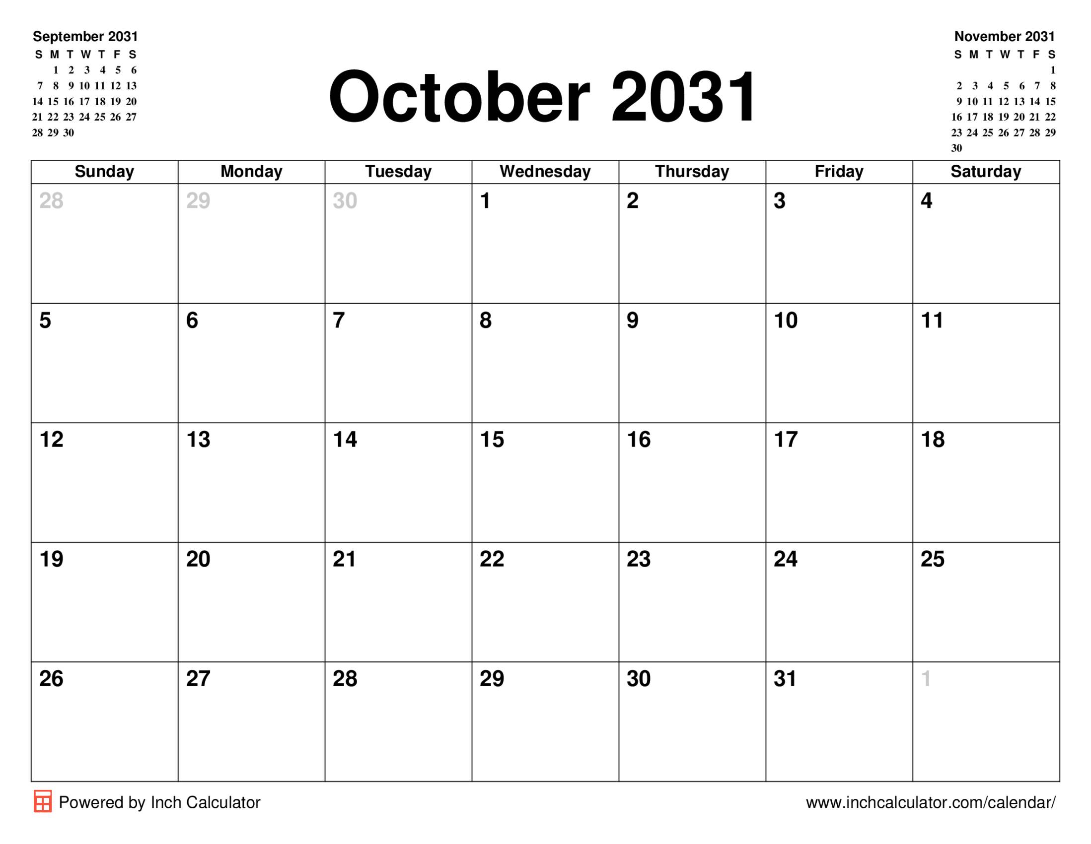 October 2031 calendar without holidays