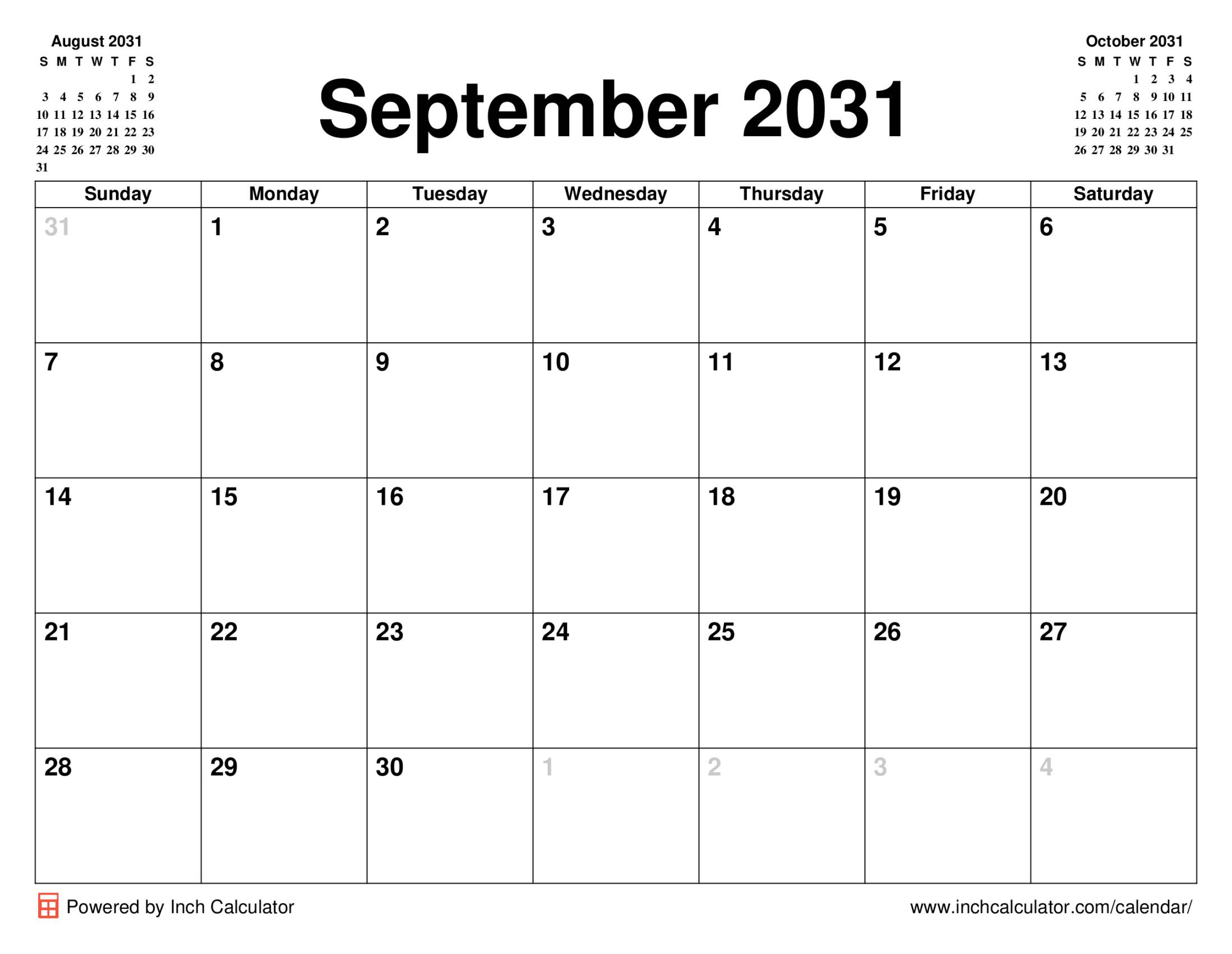 September 2031 calendar without holidays