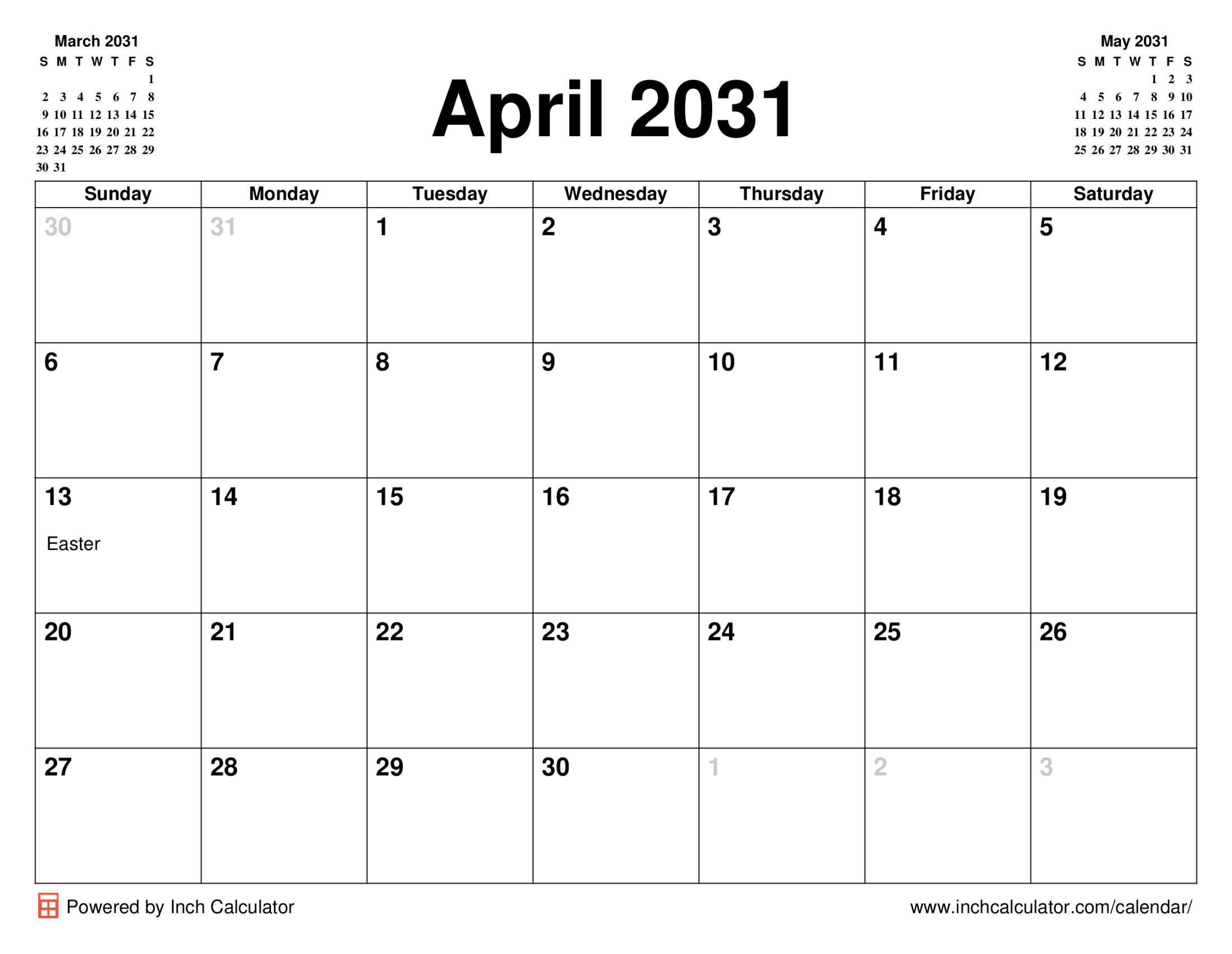 April 2031 calendar with holidays