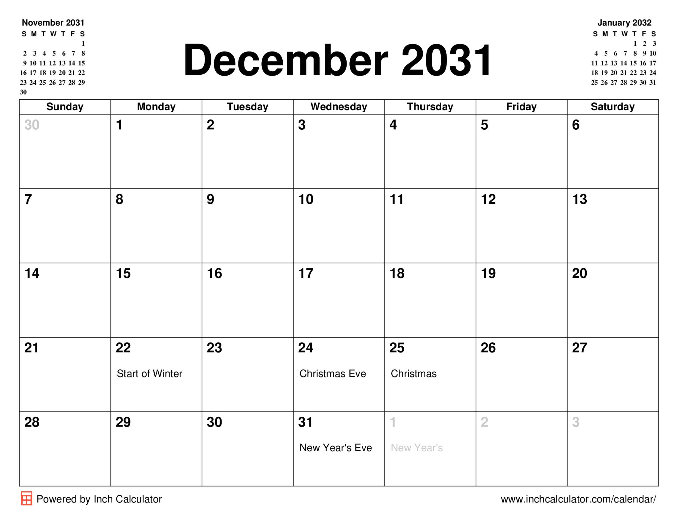 December 2031 calendar with holidays