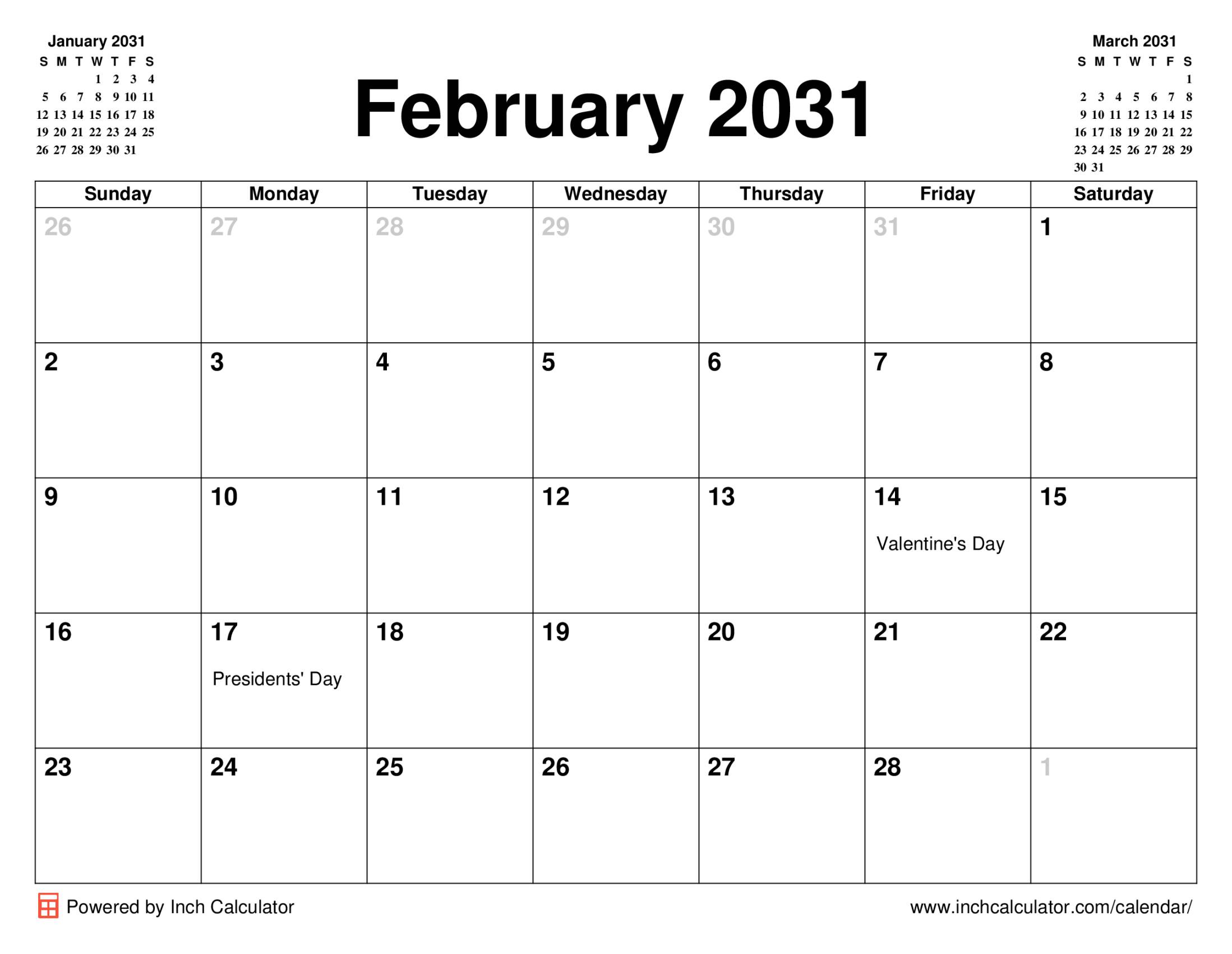 February 2031 calendar with holidays