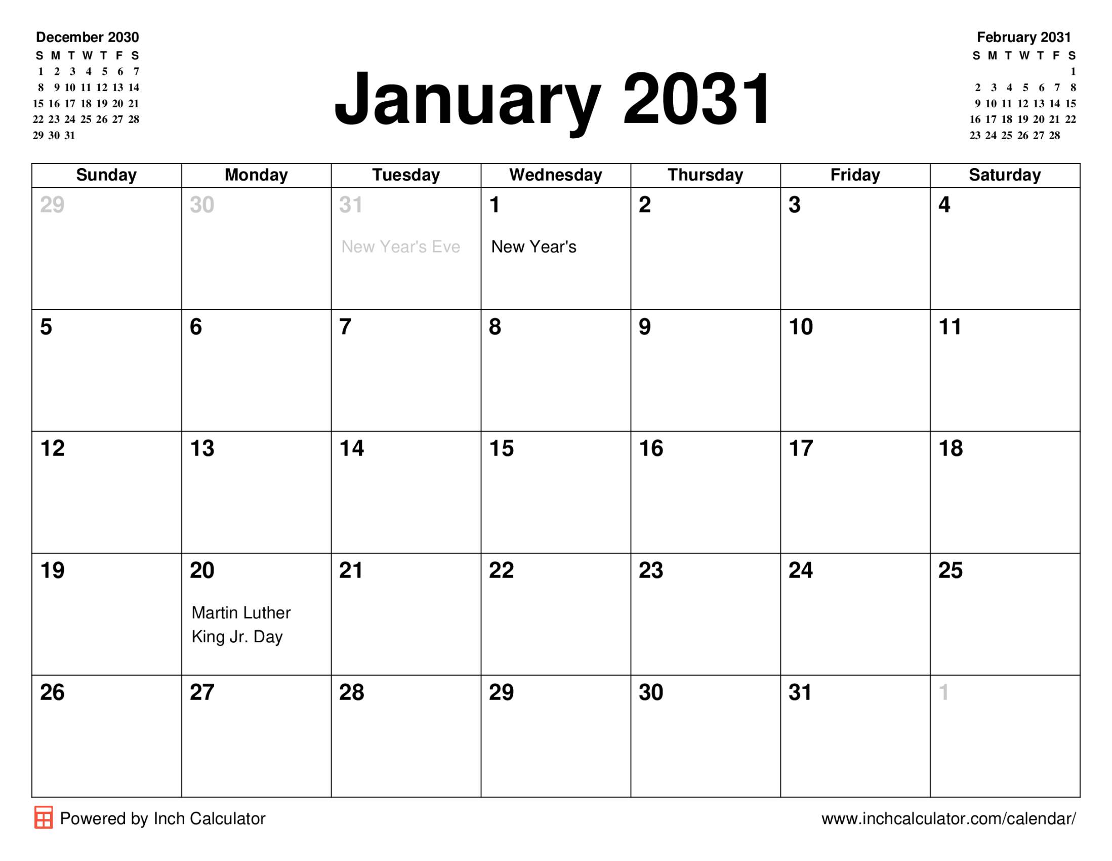 January 2031 calendar with holidays