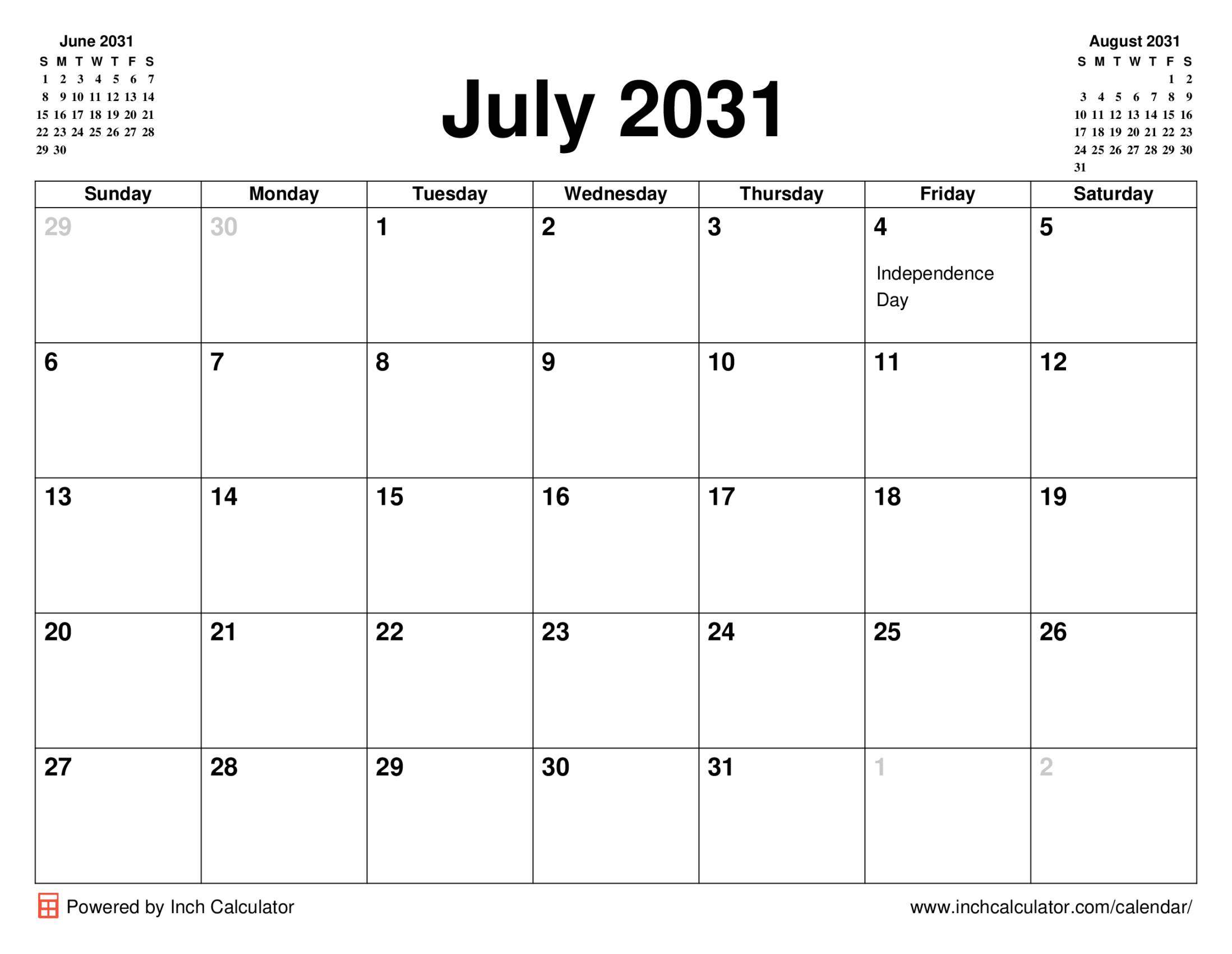 July 2031 calendar with holidays