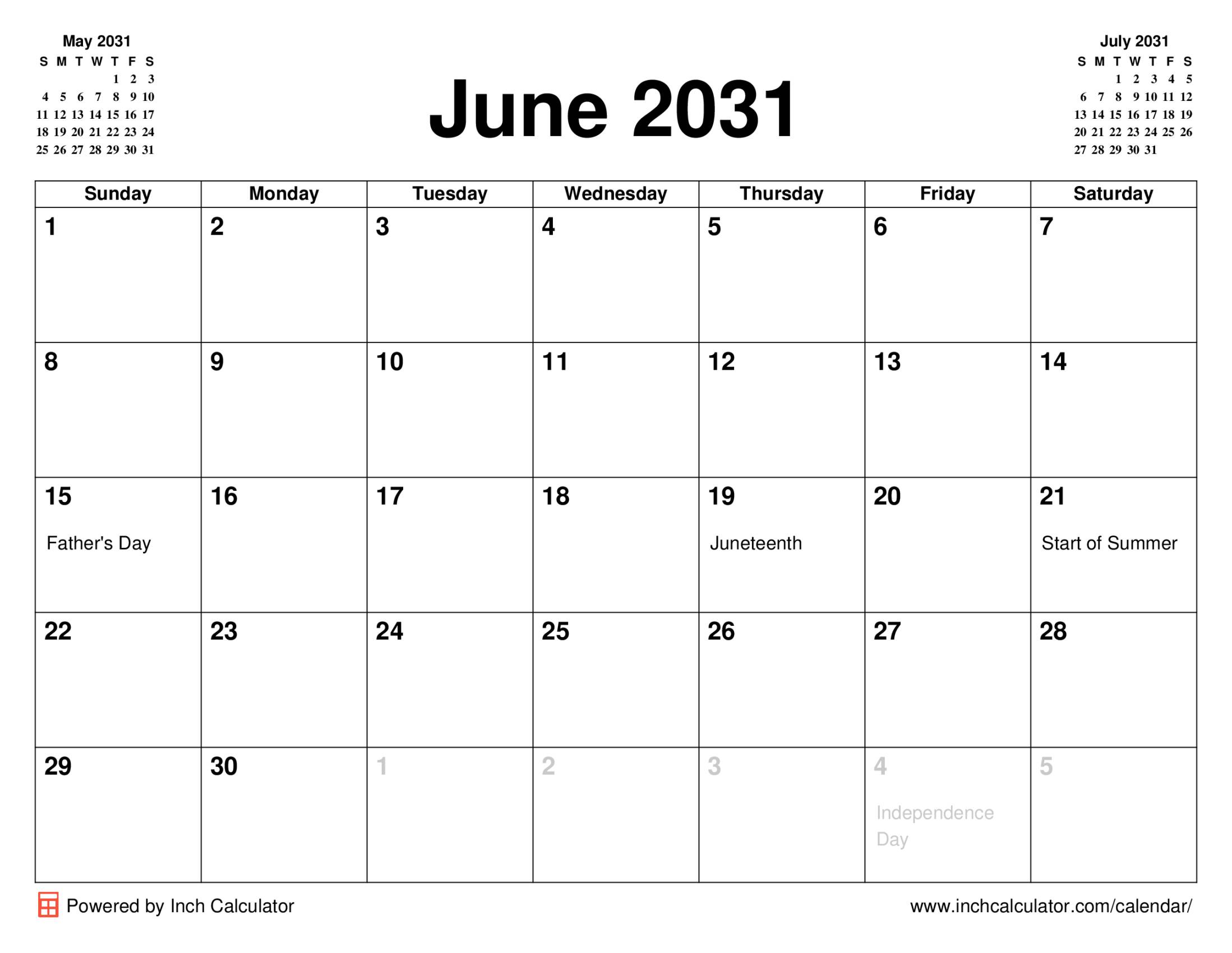 June 2031 calendar with holidays