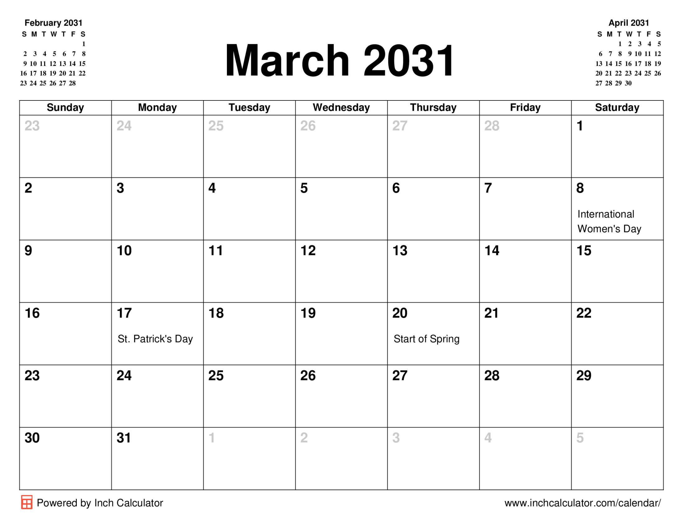 March 2031 calendar with holidays