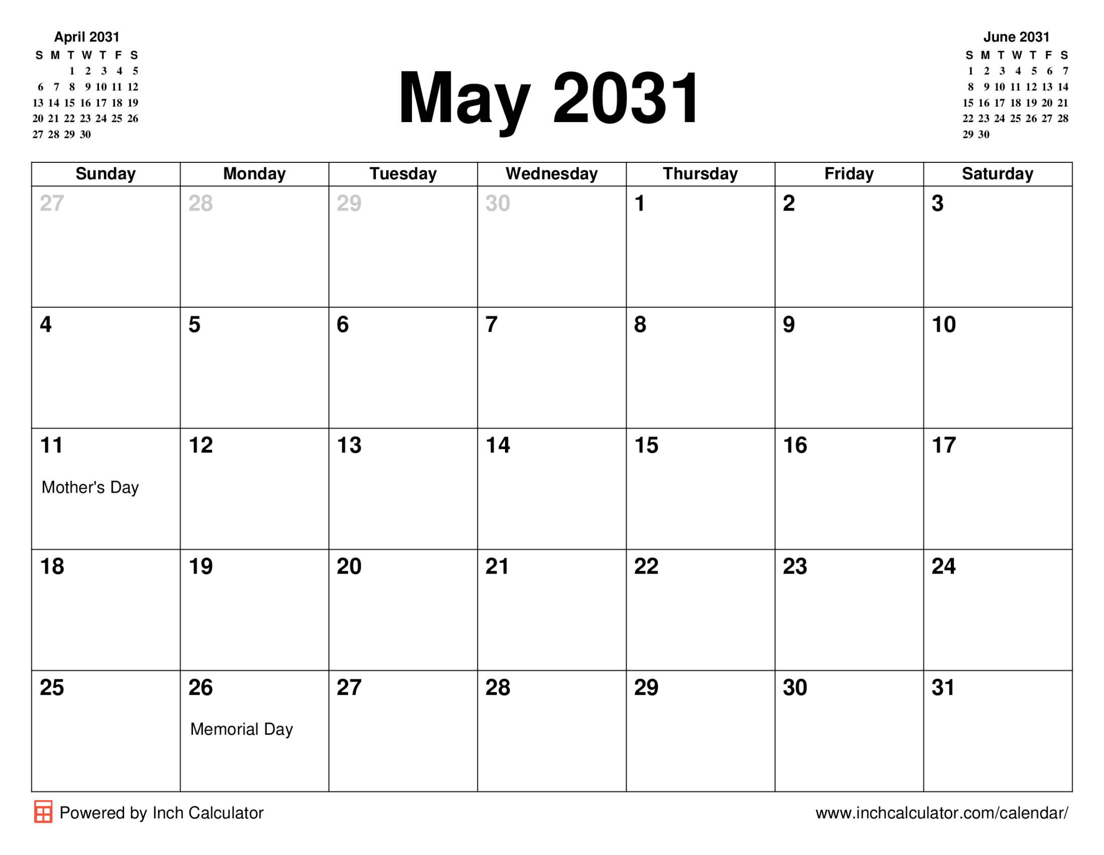 May 2031 calendar with holidays