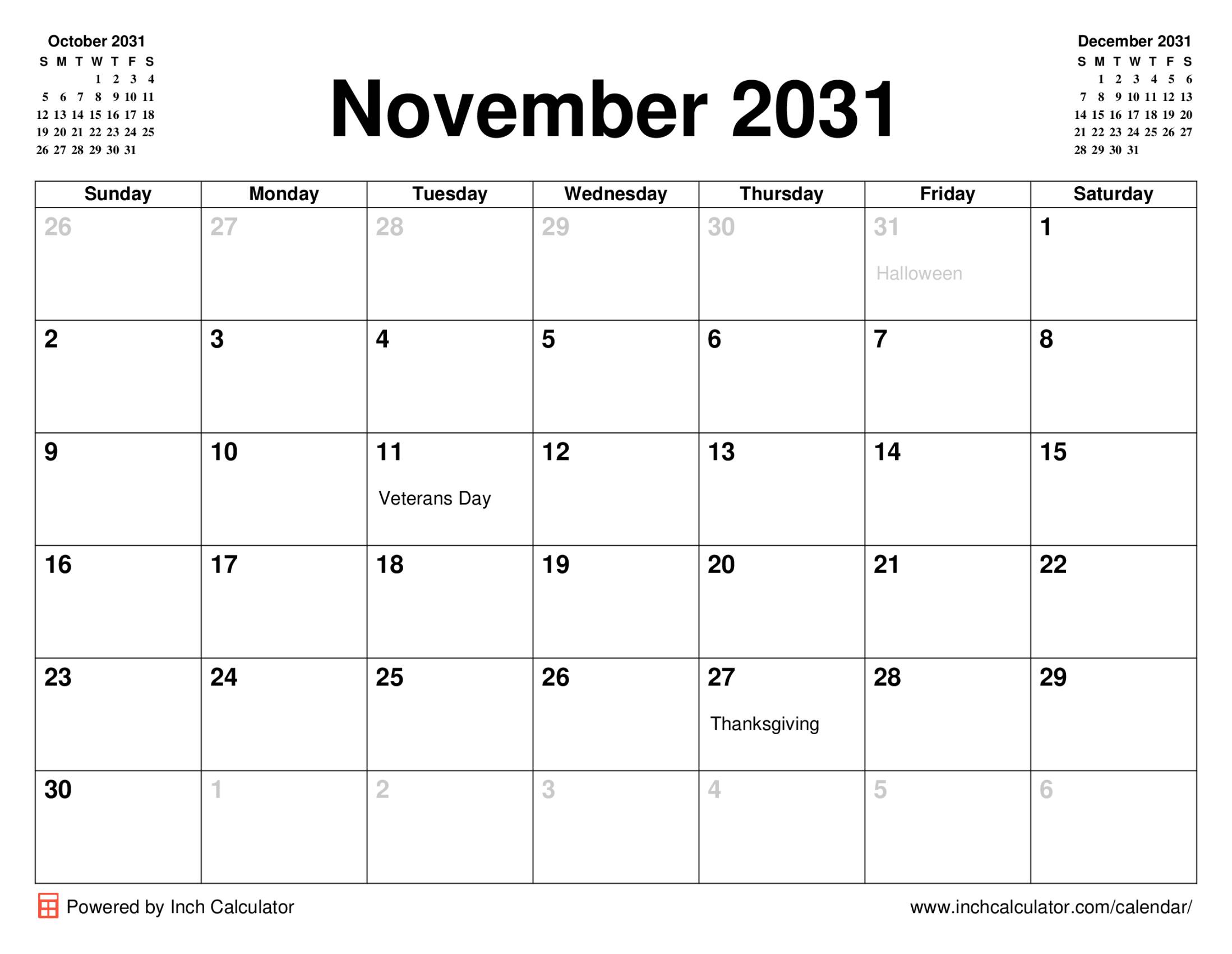 November 2031 calendar with holidays