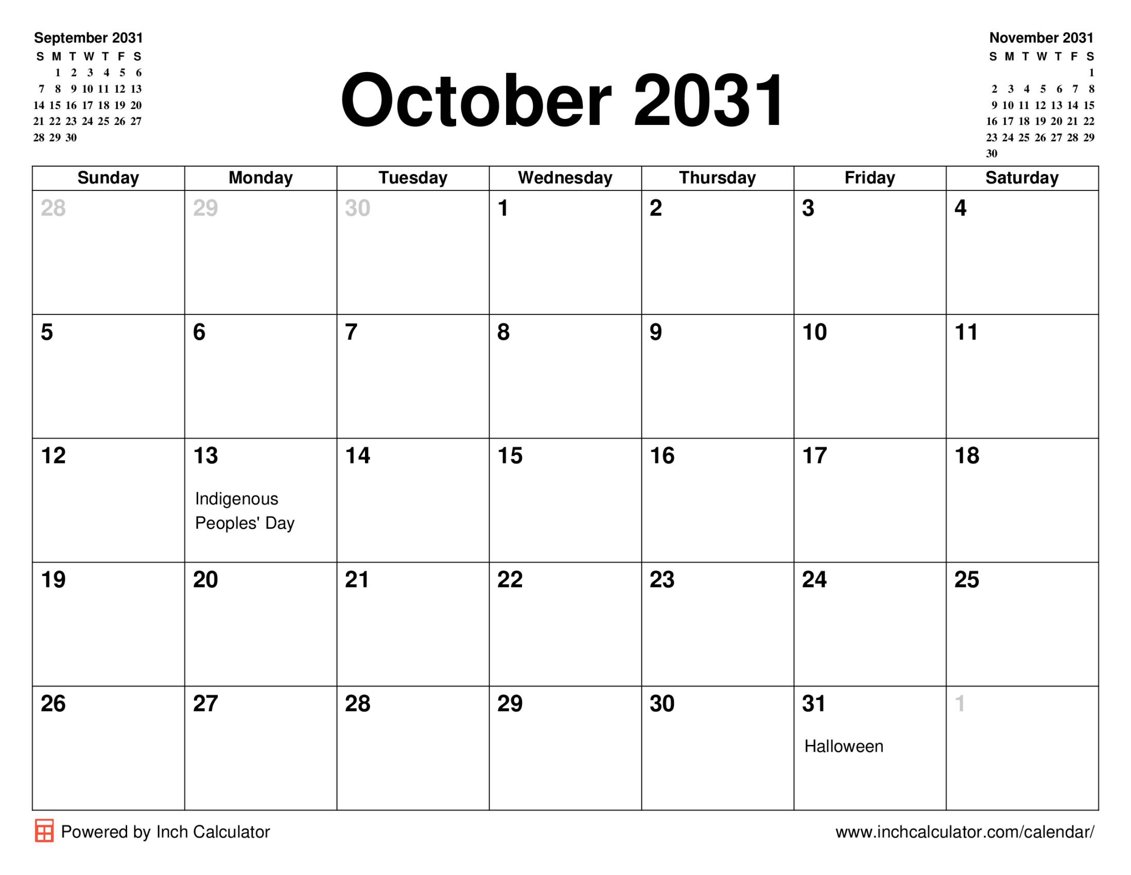 October 2031 calendar with holidays