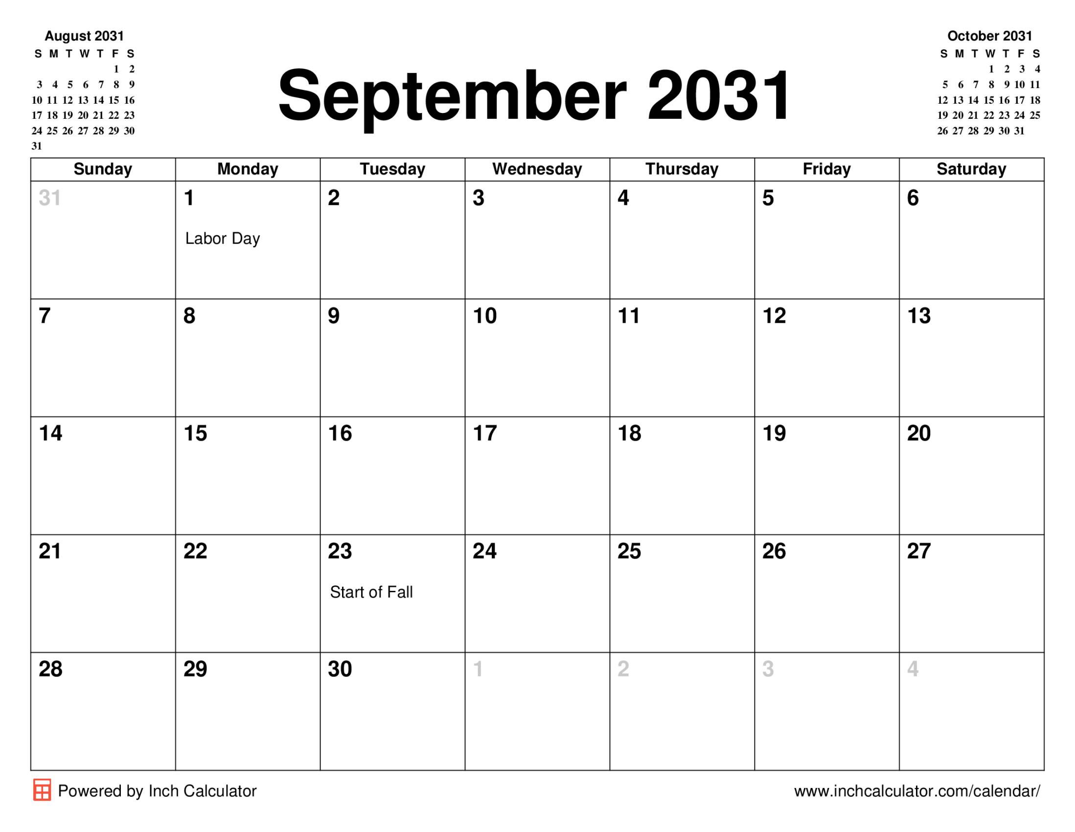 September 2031 calendar with holidays