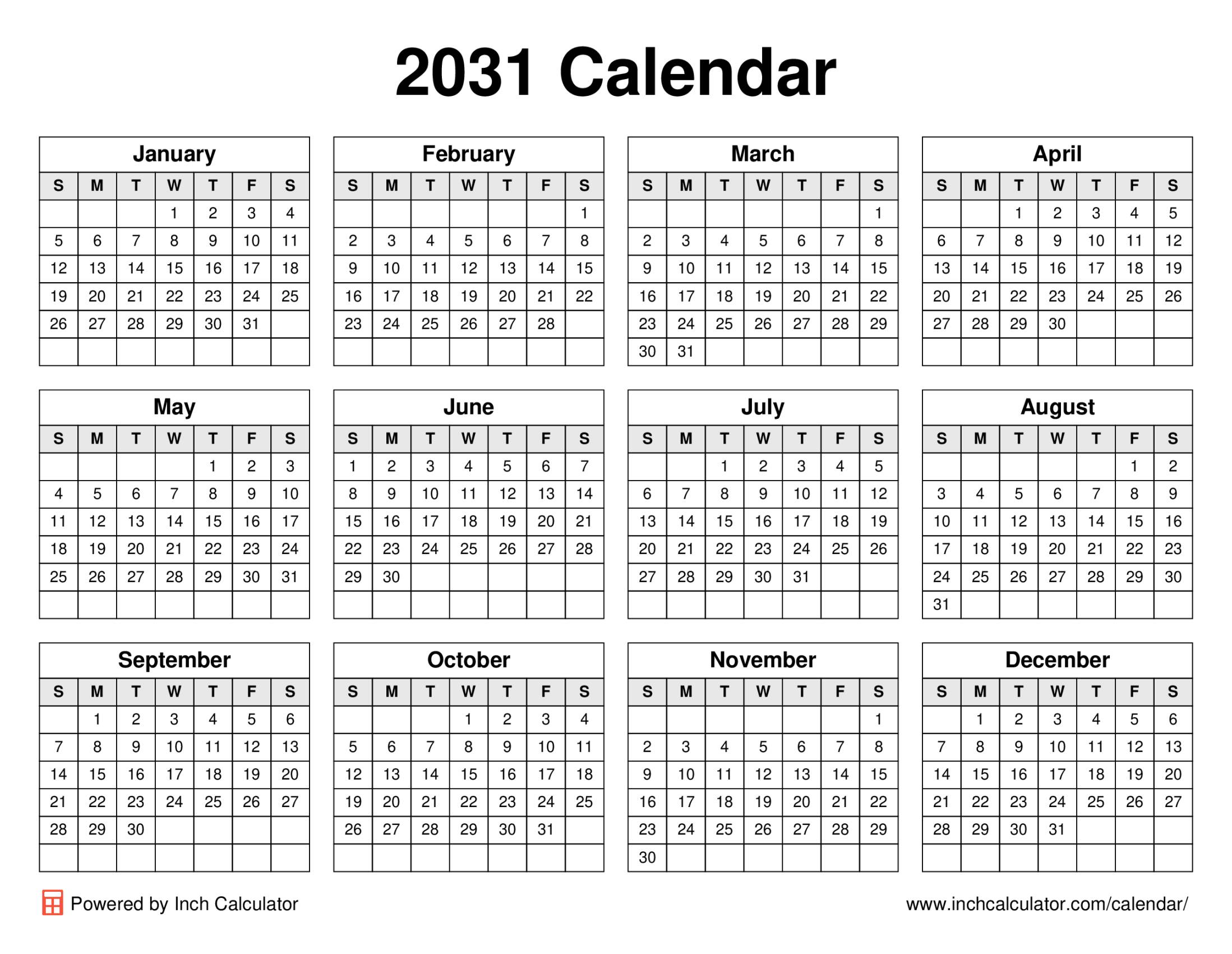 2031 calendar (landscape)