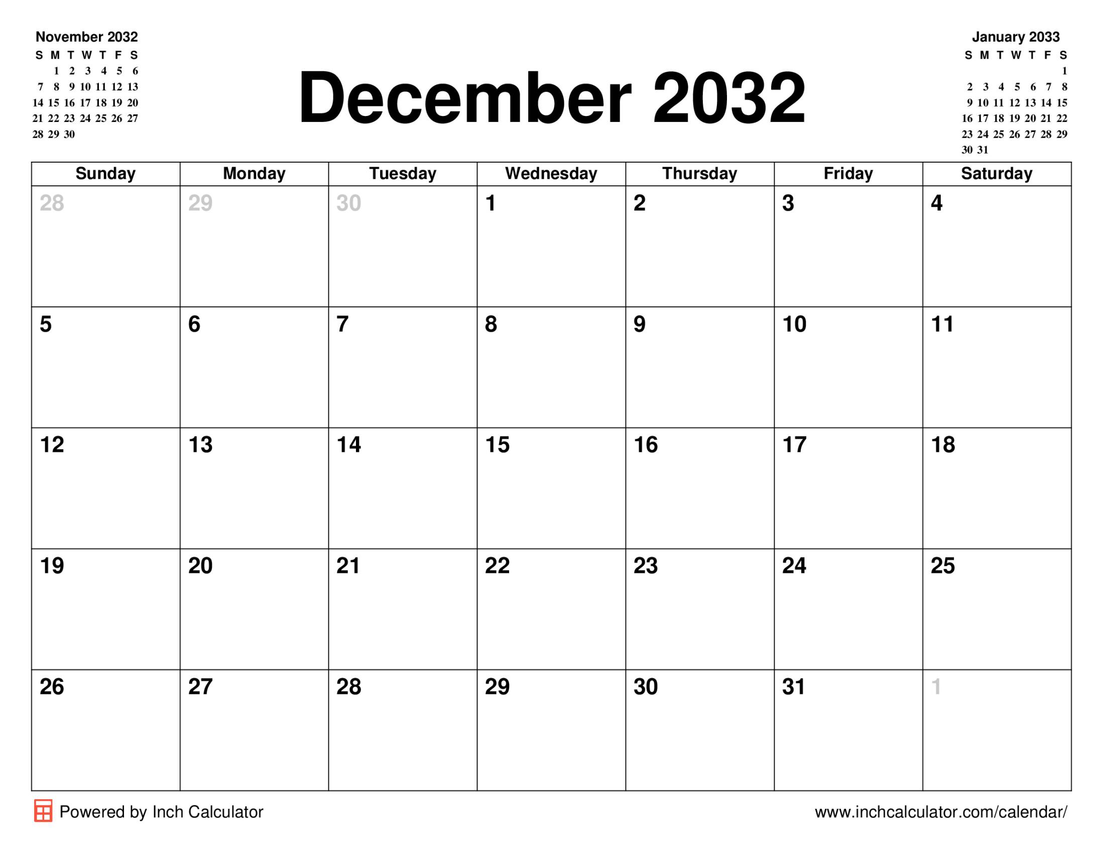 December 2032 calendar without holidays