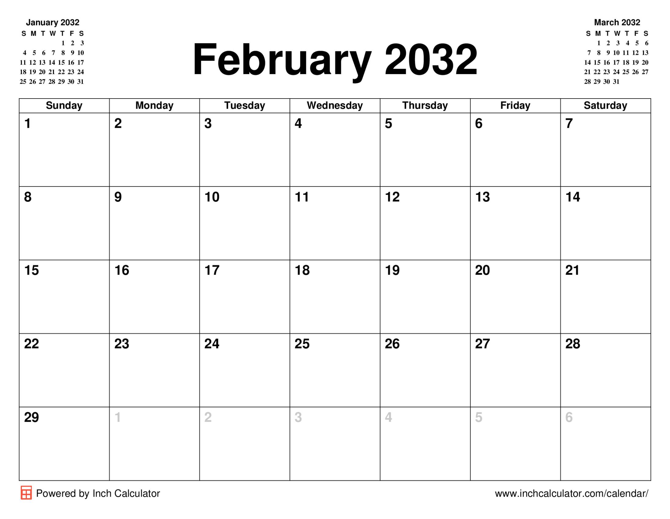 February 2032 calendar without holidays