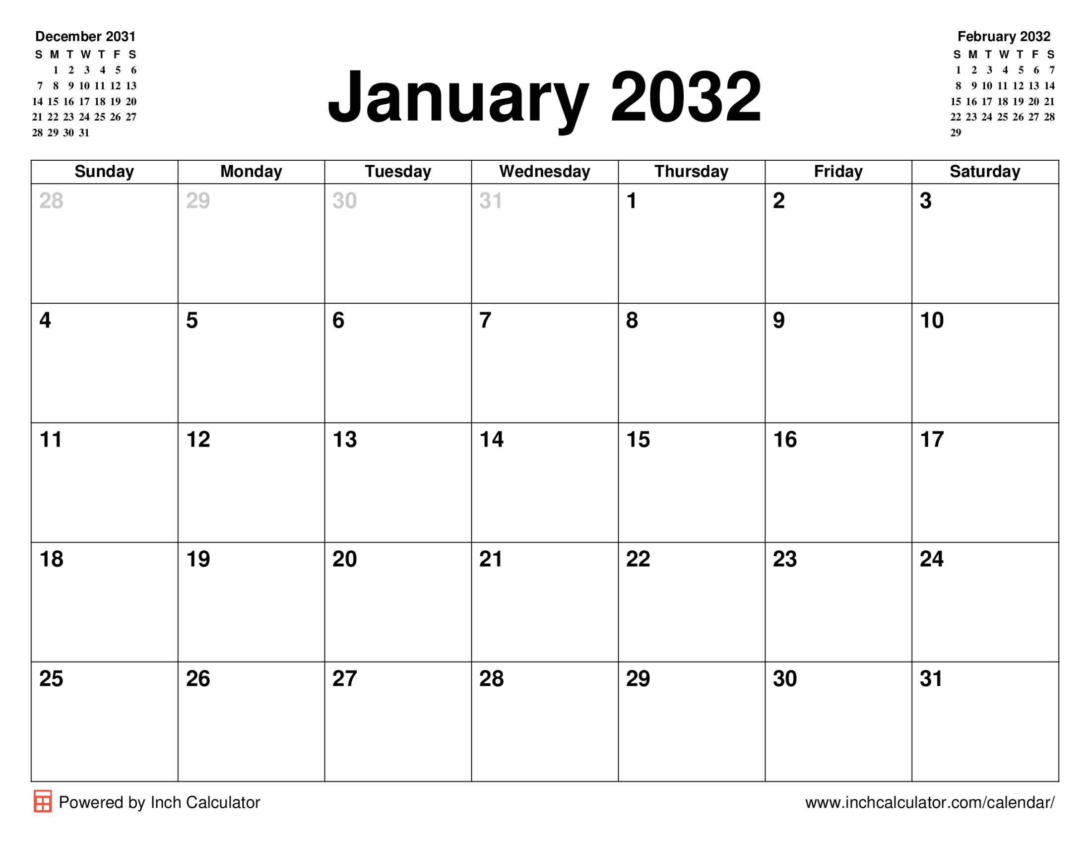 January 2032 calendar without holidays