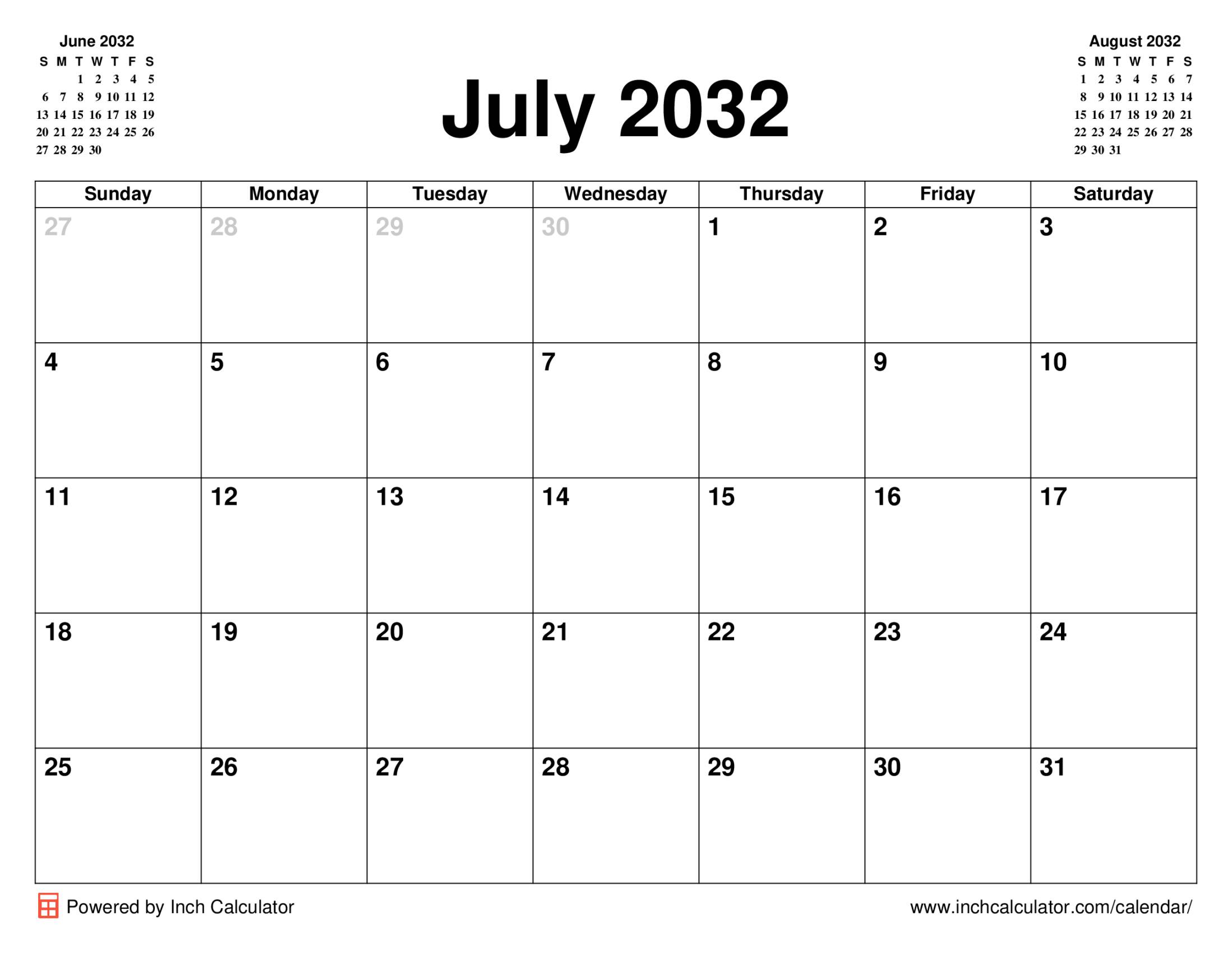 July 2032 calendar without holidays