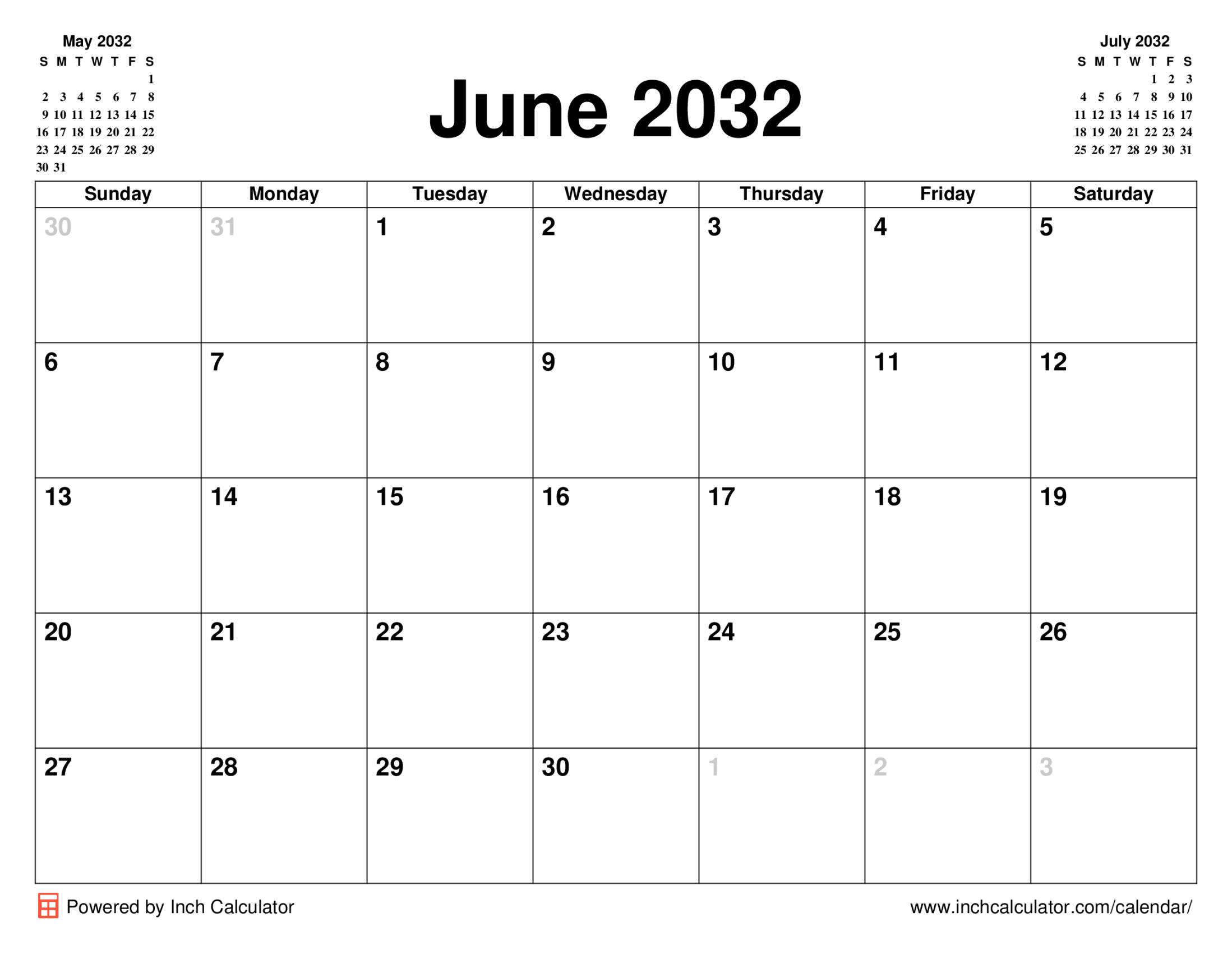 June 2032 calendar without holidays