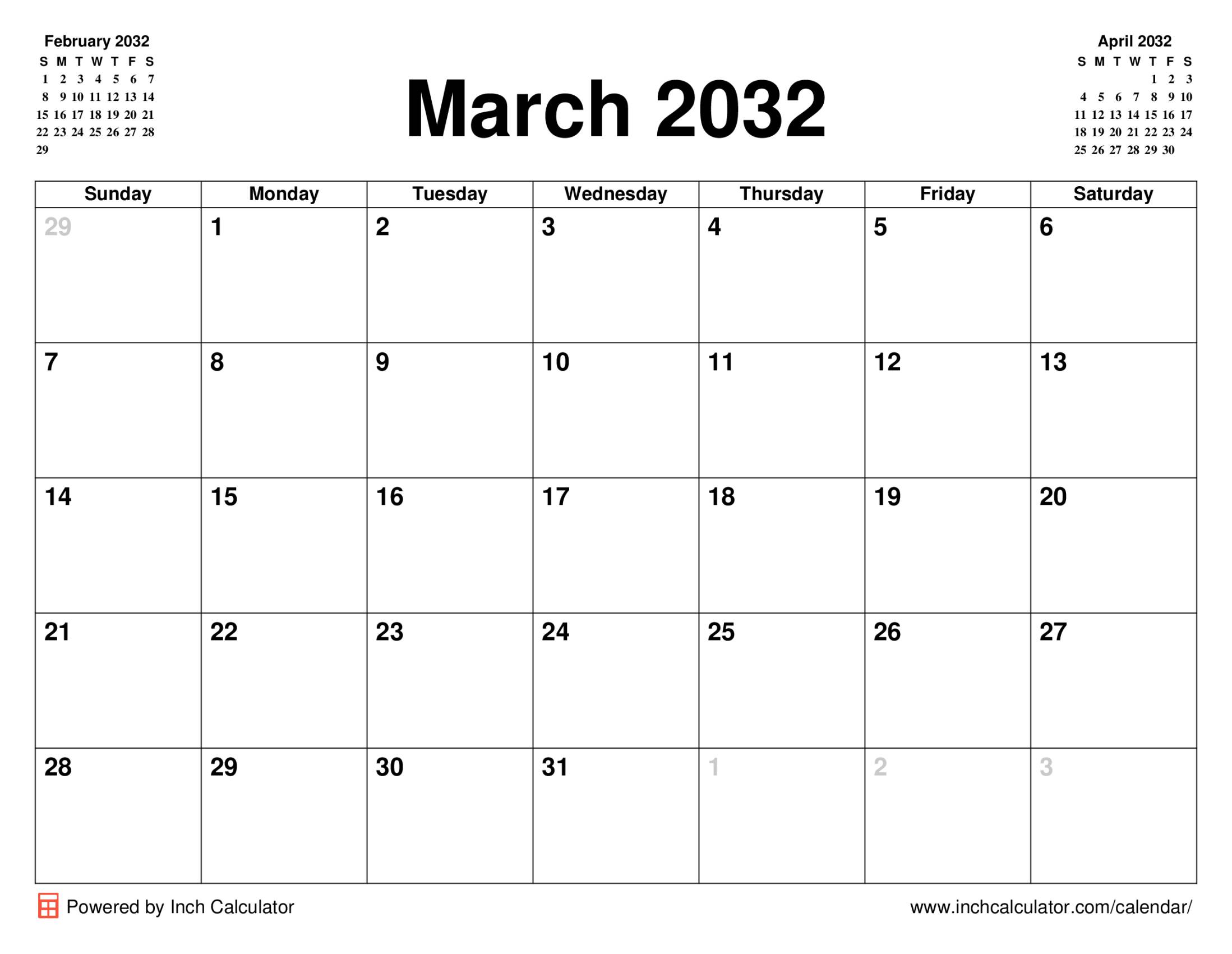 March 2032 calendar without holidays