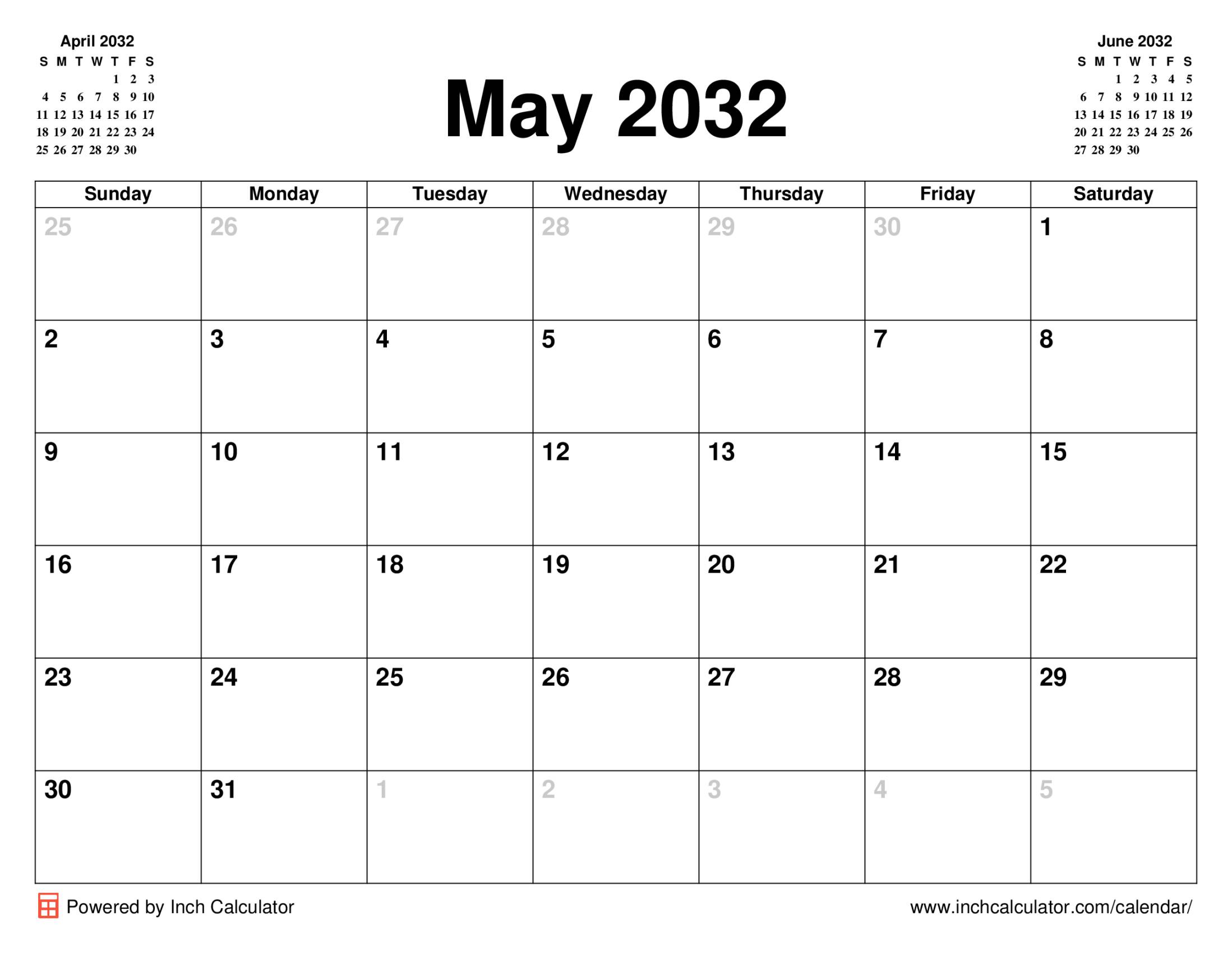 May 2032 calendar without holidays