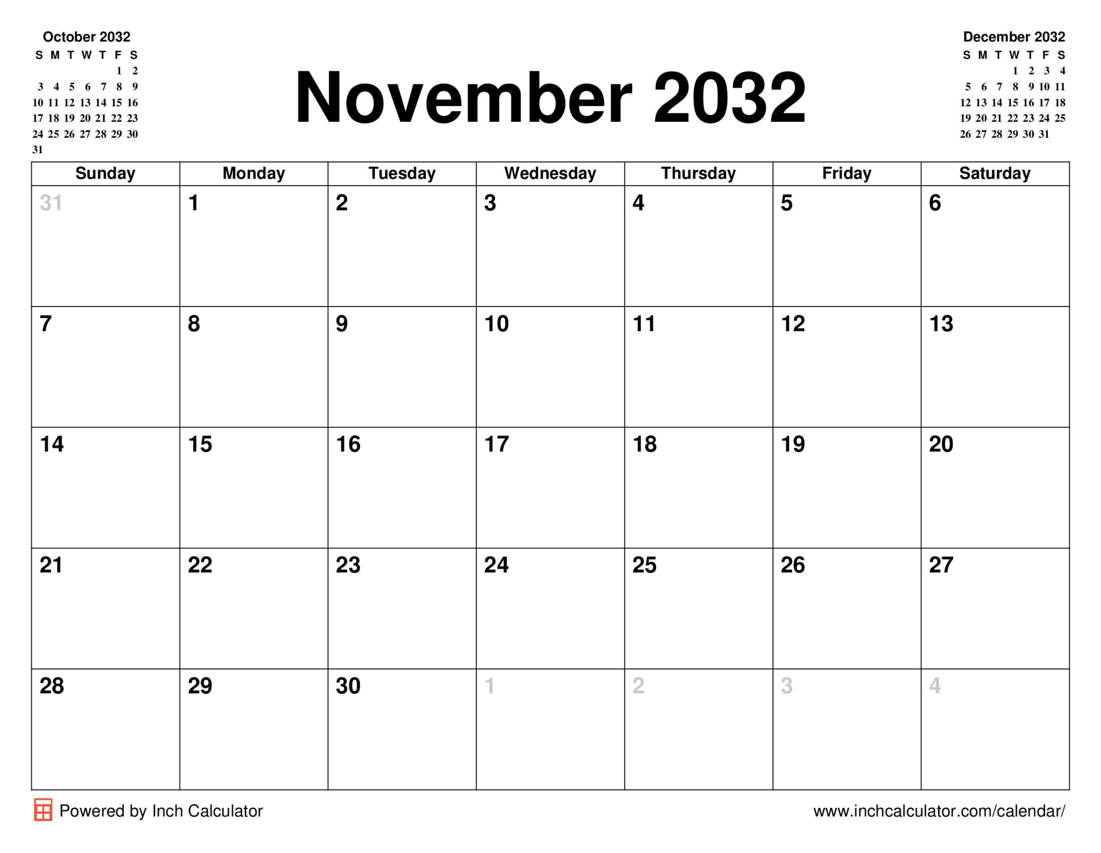 November 2032 calendar without holidays