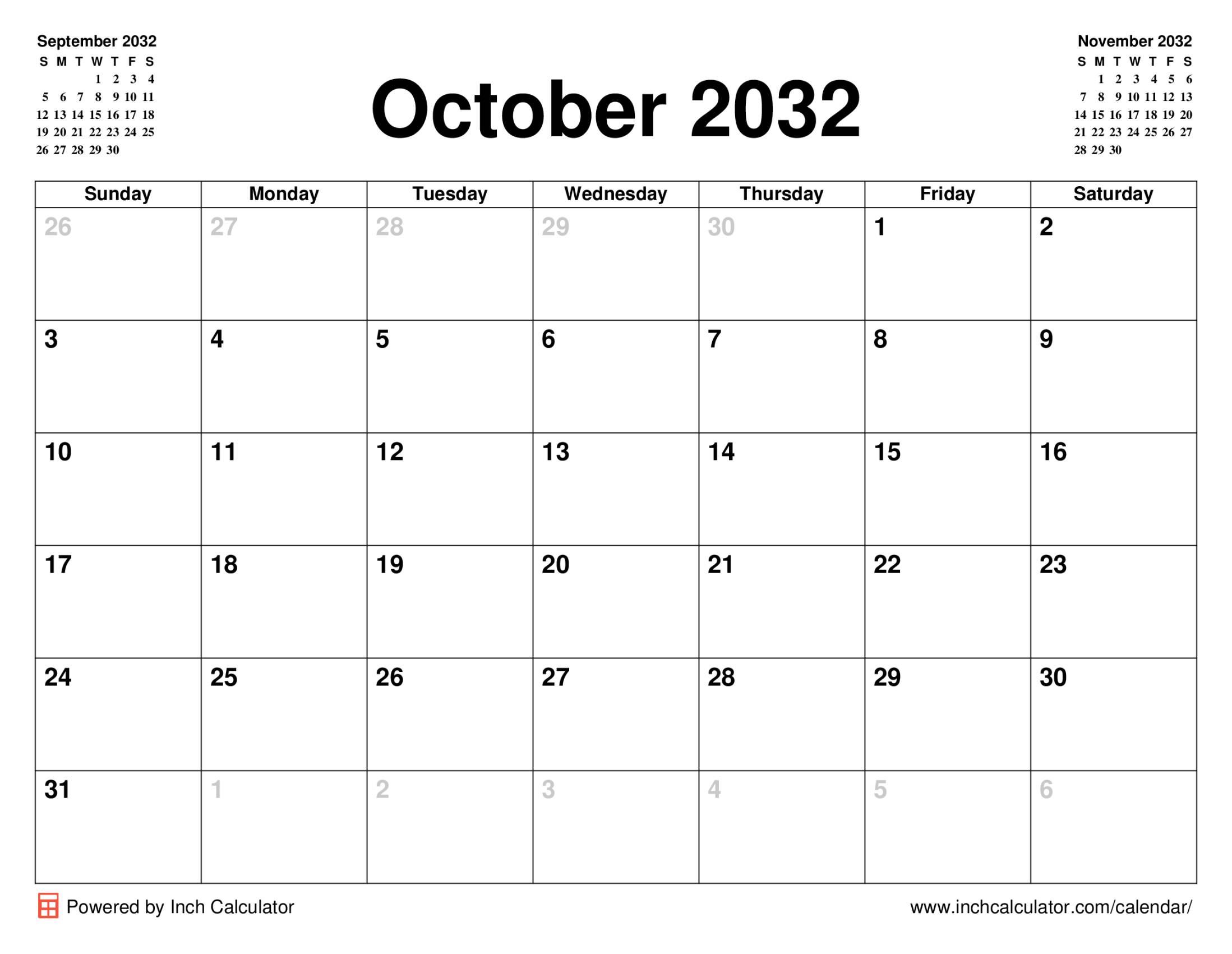 October 2032 calendar without holidays