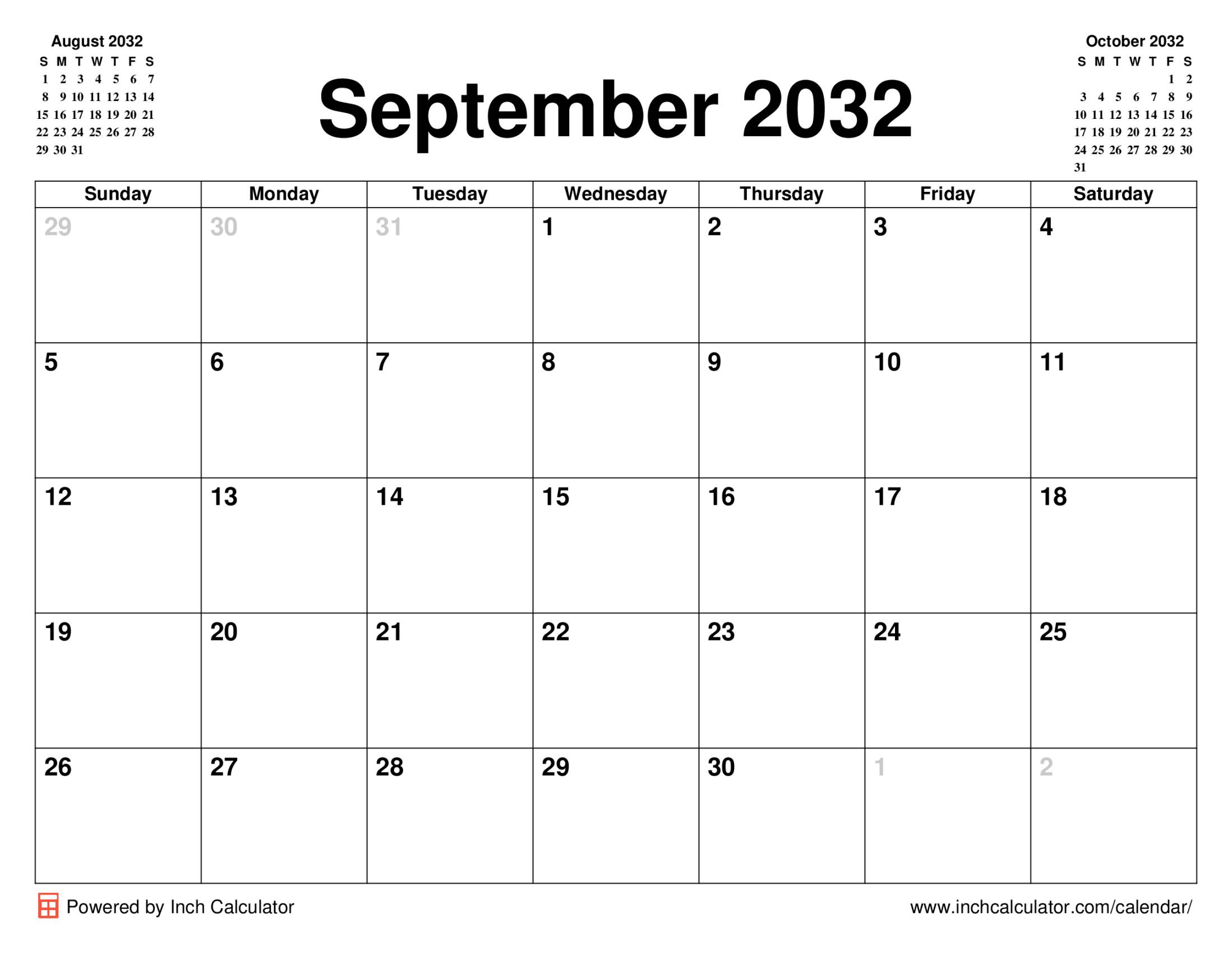 September 2032 calendar without holidays