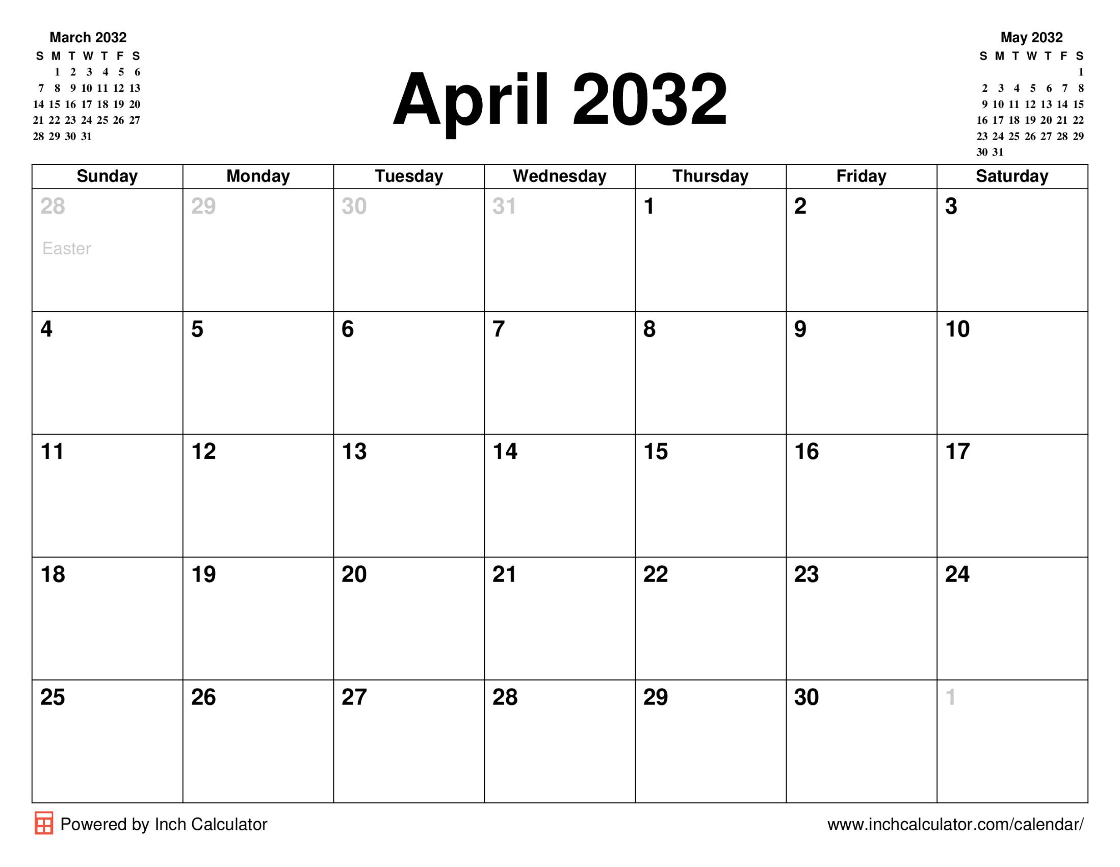 April 2032 calendar with holidays