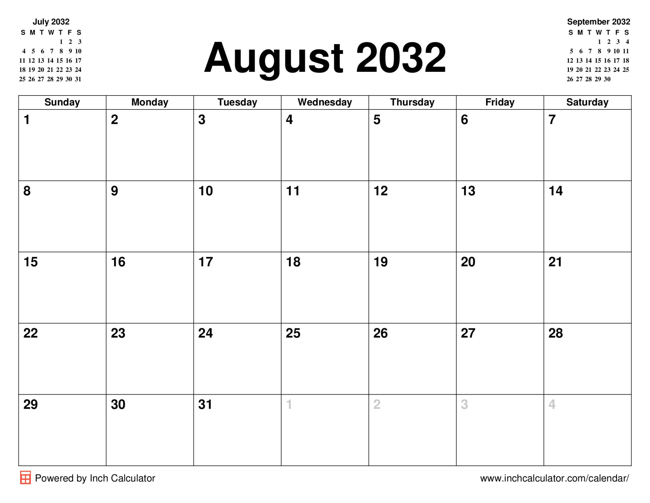 August 2032 calendar with holidays