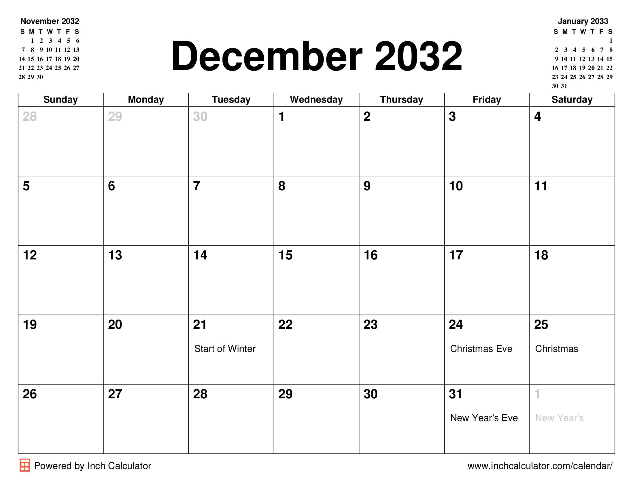 December 2032 calendar with holidays