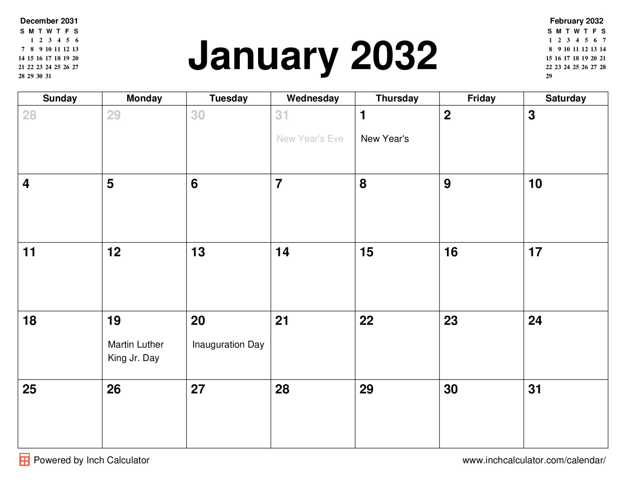 January 2032 calendar with holidays