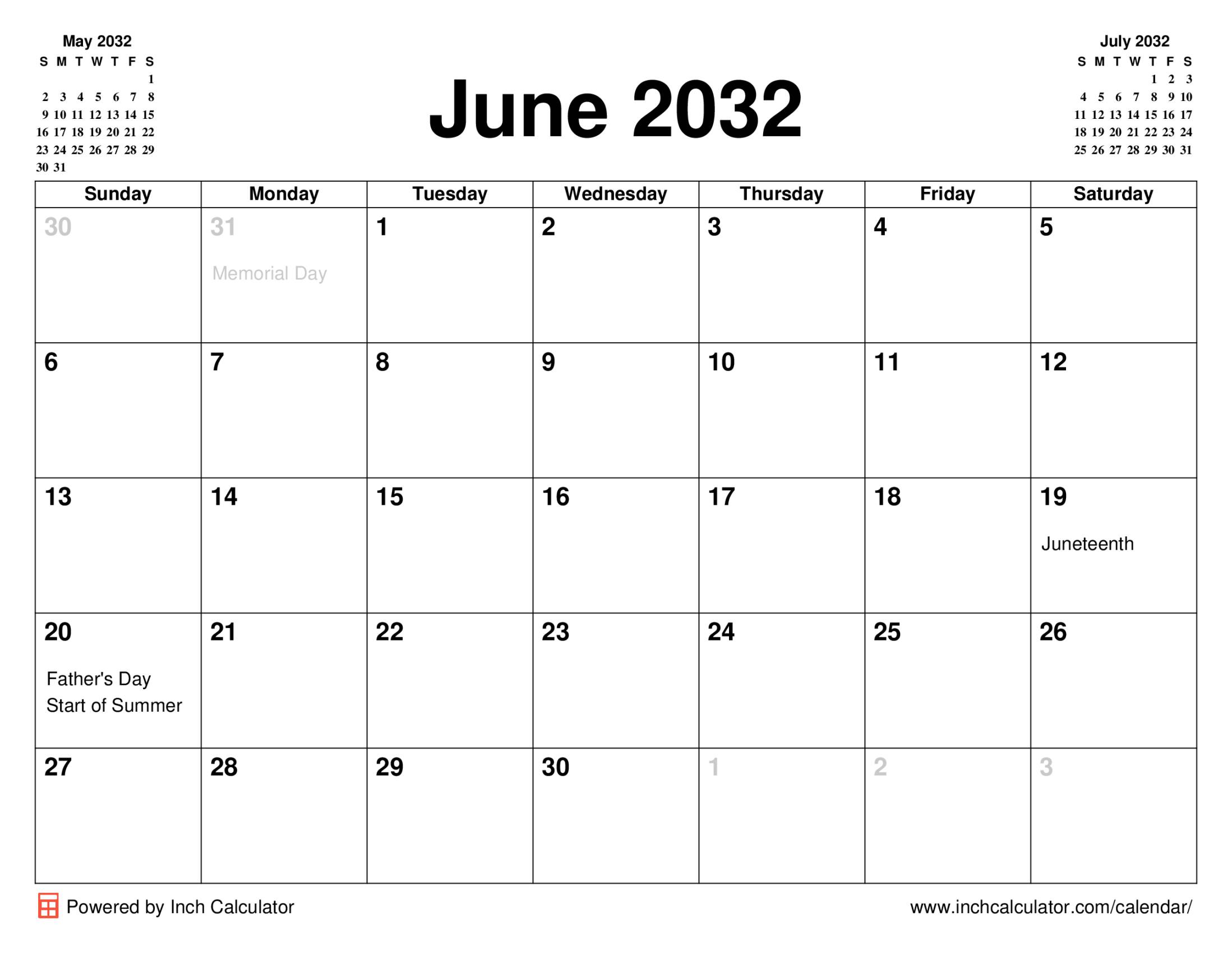 June 2032 calendar with holidays