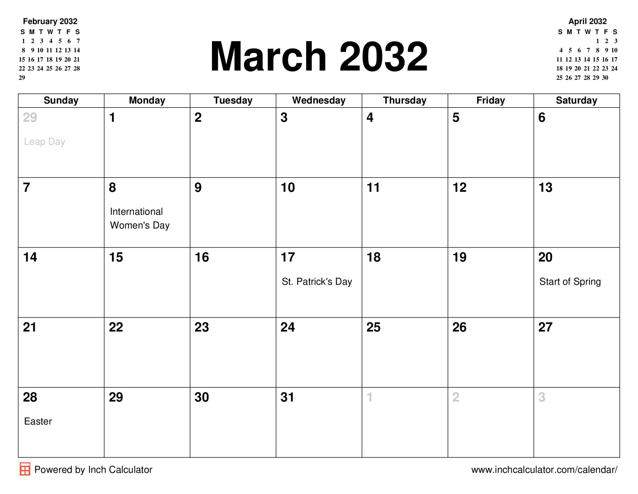 March 2032 calendar with holidays