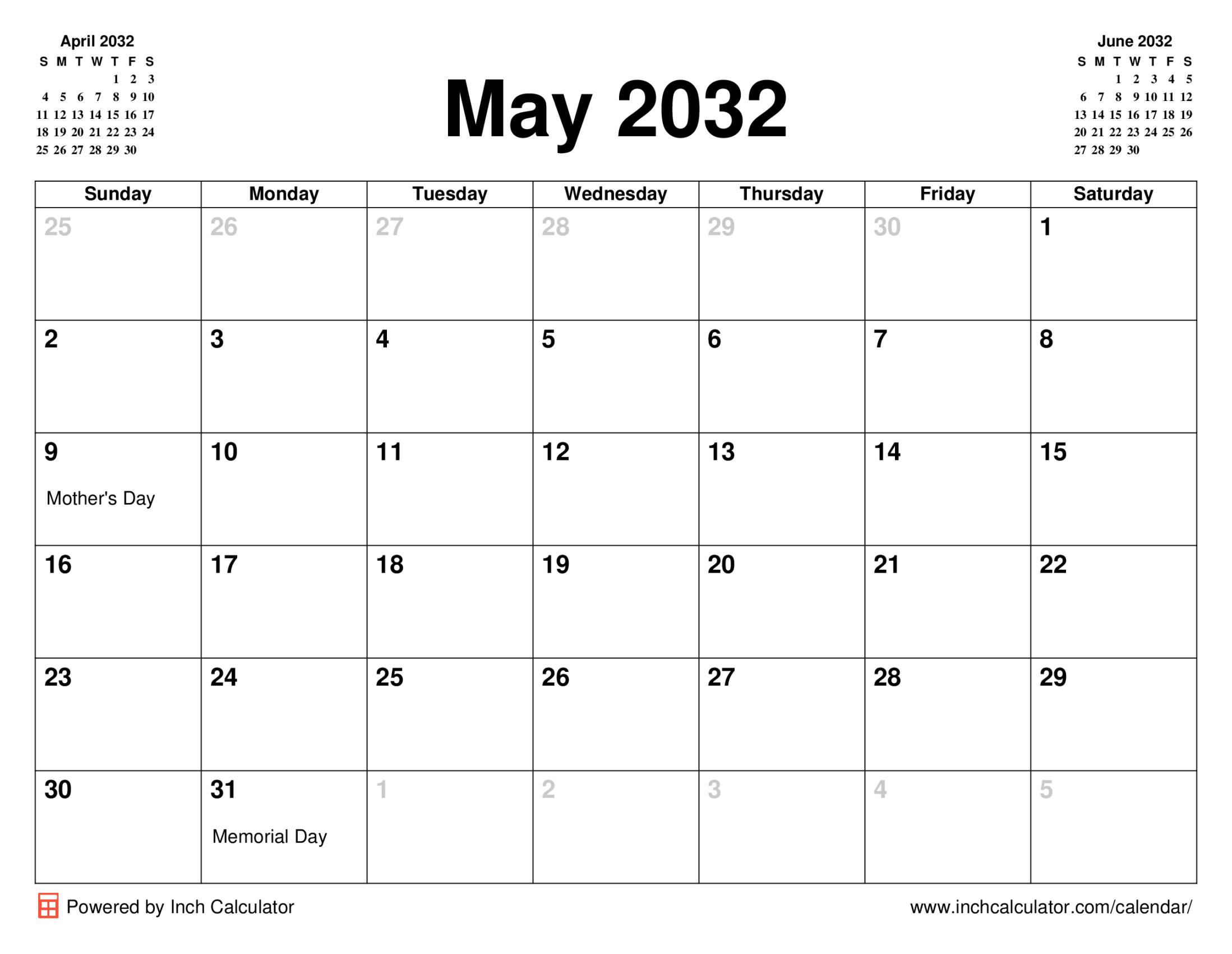 May 2032 calendar with holidays