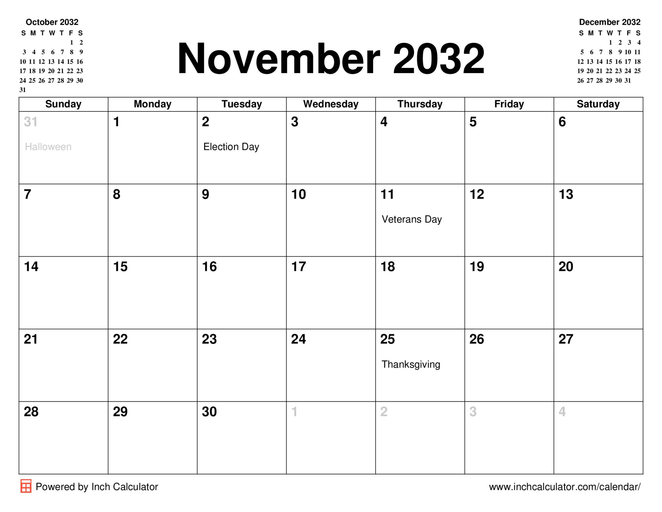 November 2032 calendar with holidays