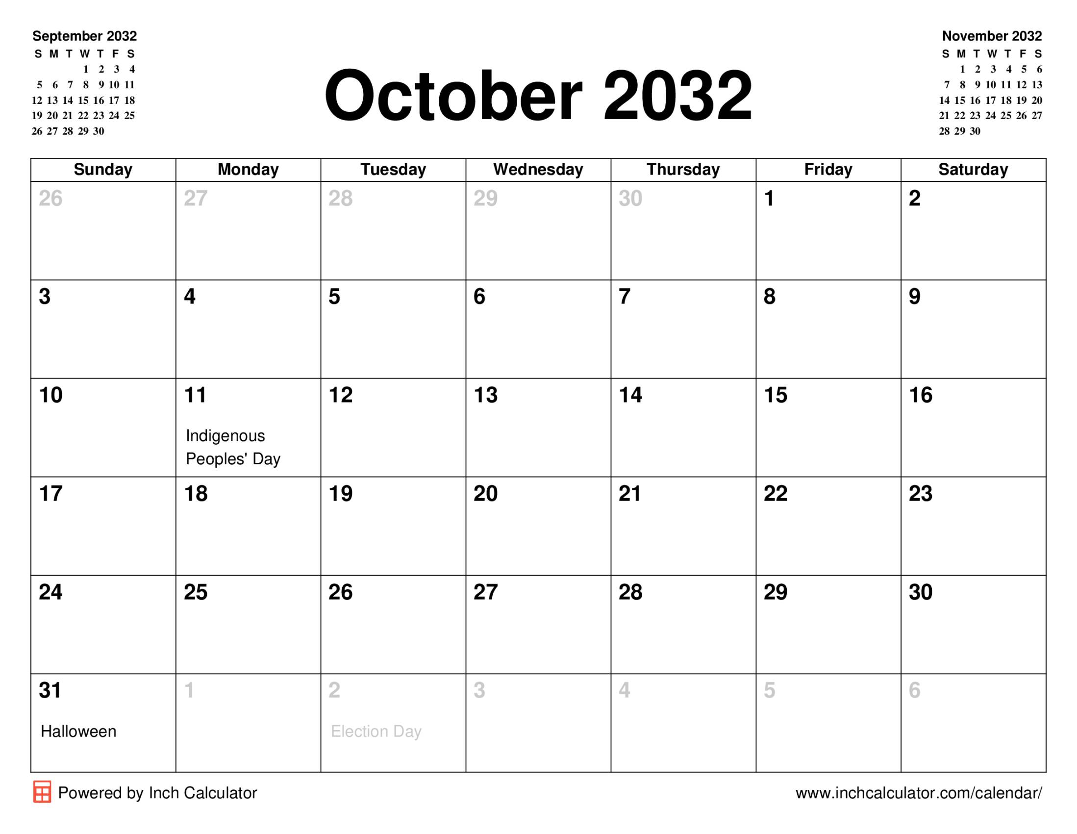 October 2032 calendar with holidays